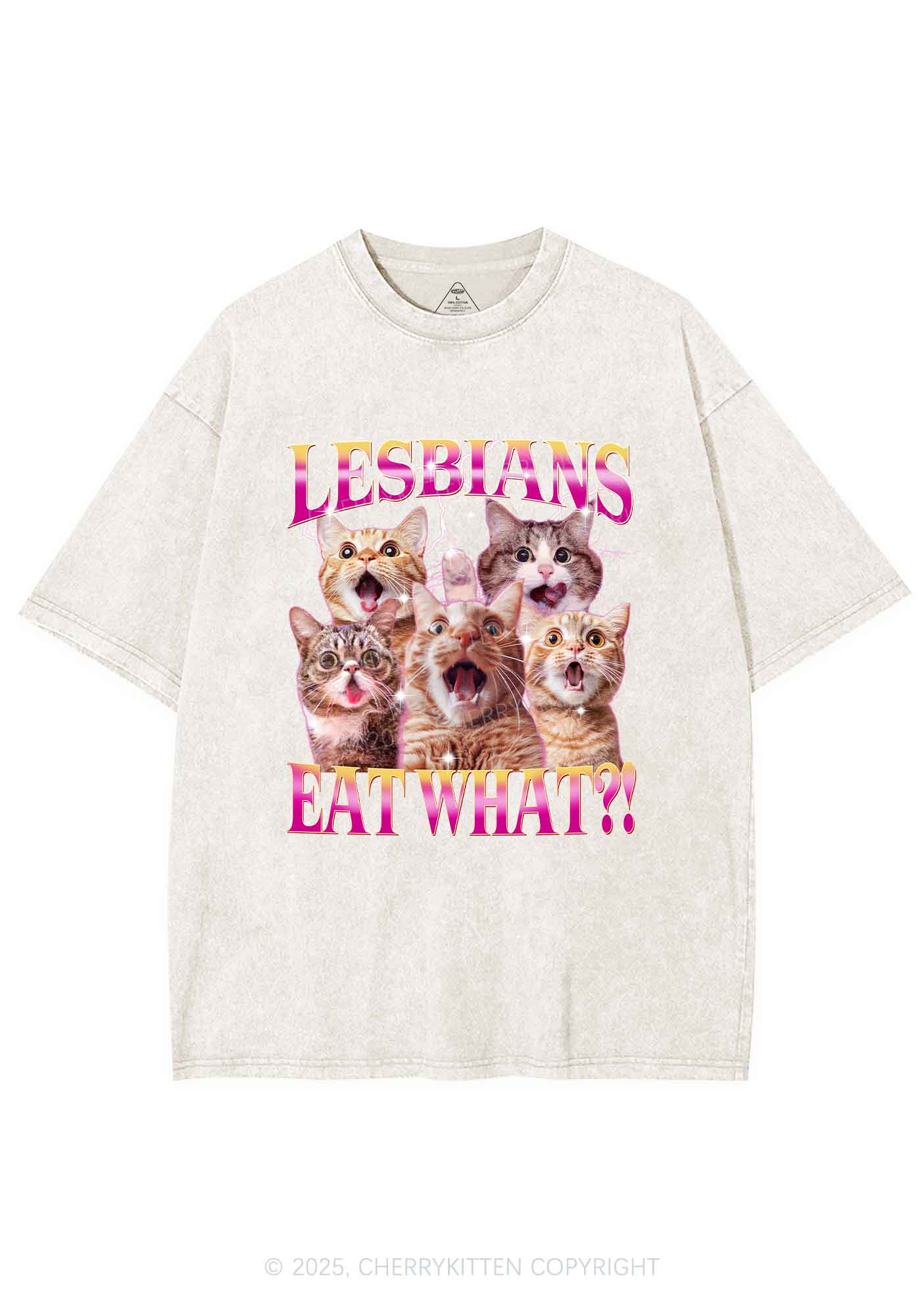 Funny Lesbian Cat Y2K Shirts Washed Tee Cherrykitten - Image 5