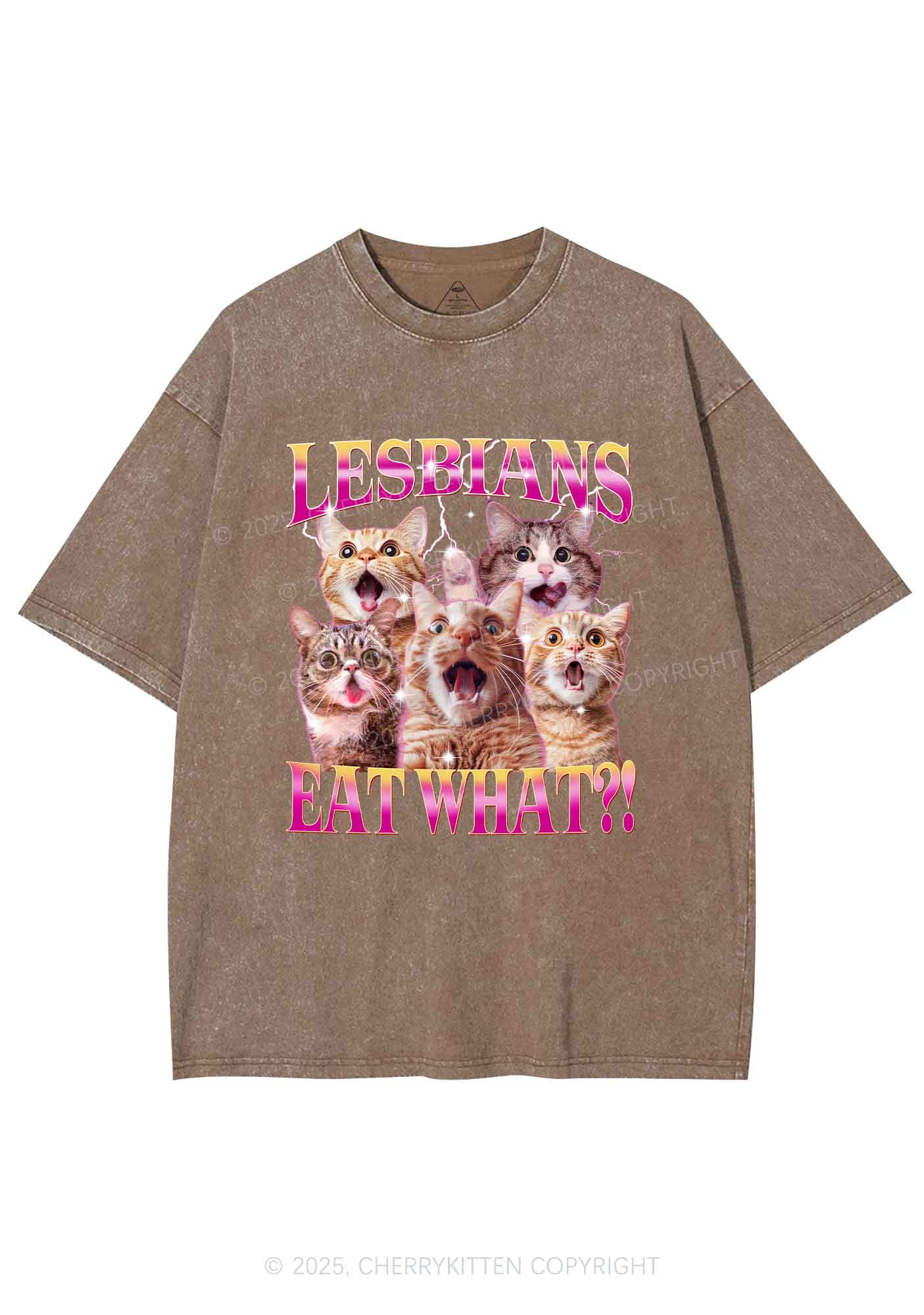 Funny Lesbian Cat Y2K Shirts Washed Tee Cherrykitten - Image 6