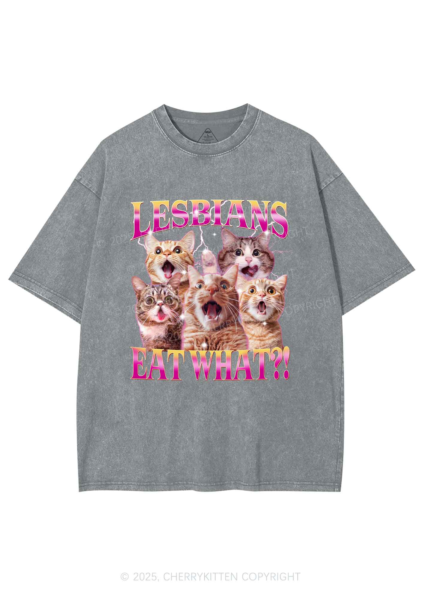 Funny Lesbian Cat Y2K Shirts Washed Tee Cherrykitten - Image 7