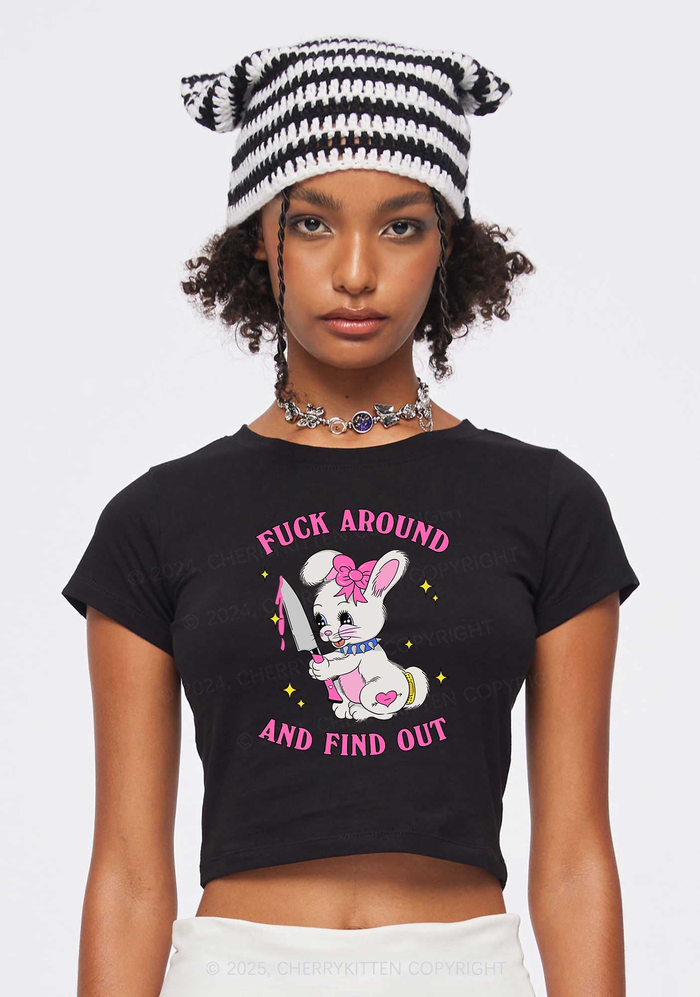 Fxxk Around Bunny Y2K Baby Tee Cherrykitten - Image 2