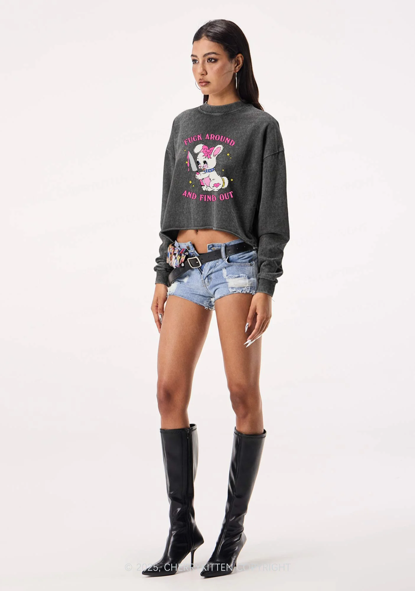 Fxxk Around Bunny Y2K Crop Washed Sweatshirts Cherrykitten - Image 2