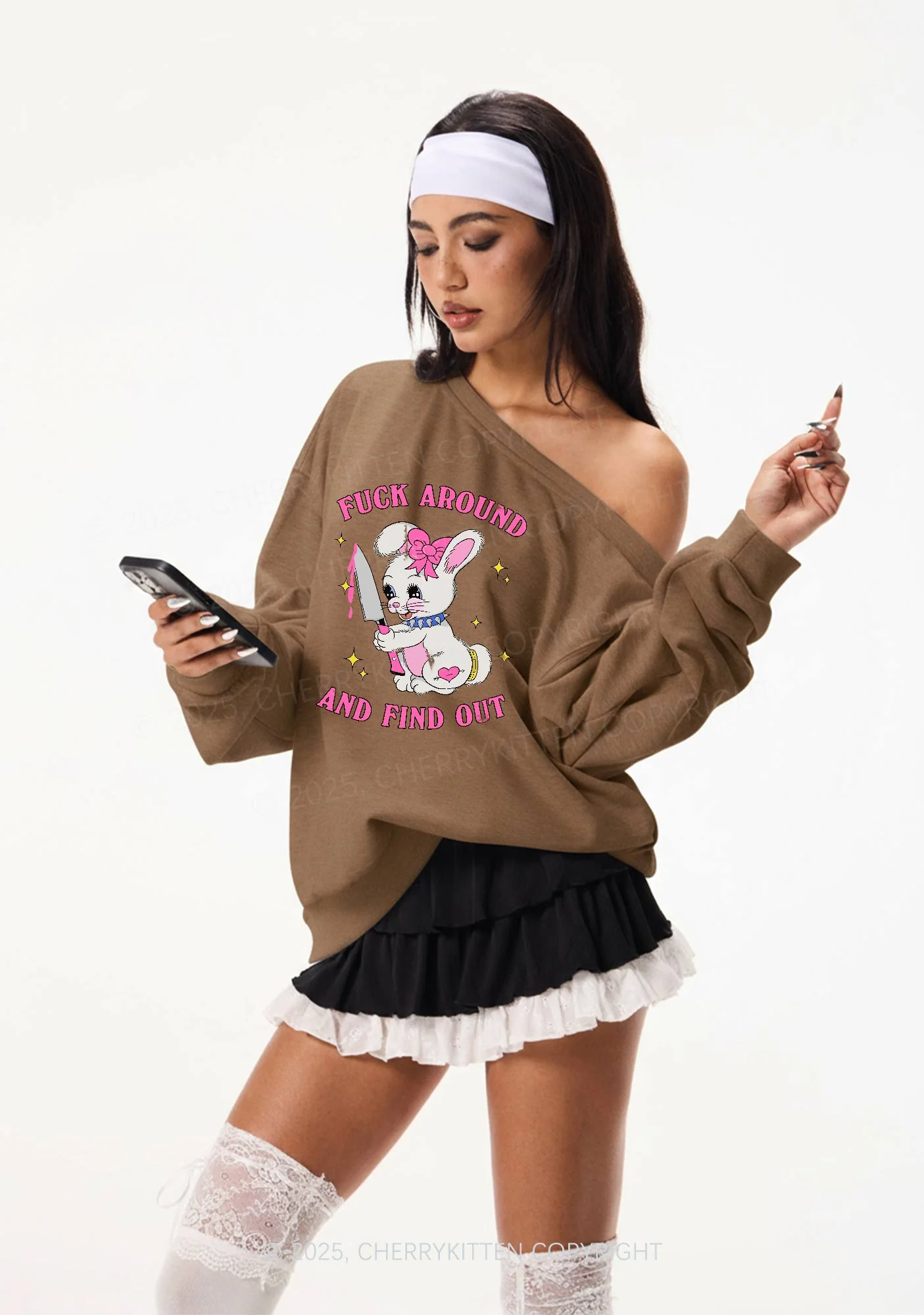 Fxxk Around Bunny Y2K Off Shoulder Sweatshirts Cherrykitten - Image 2