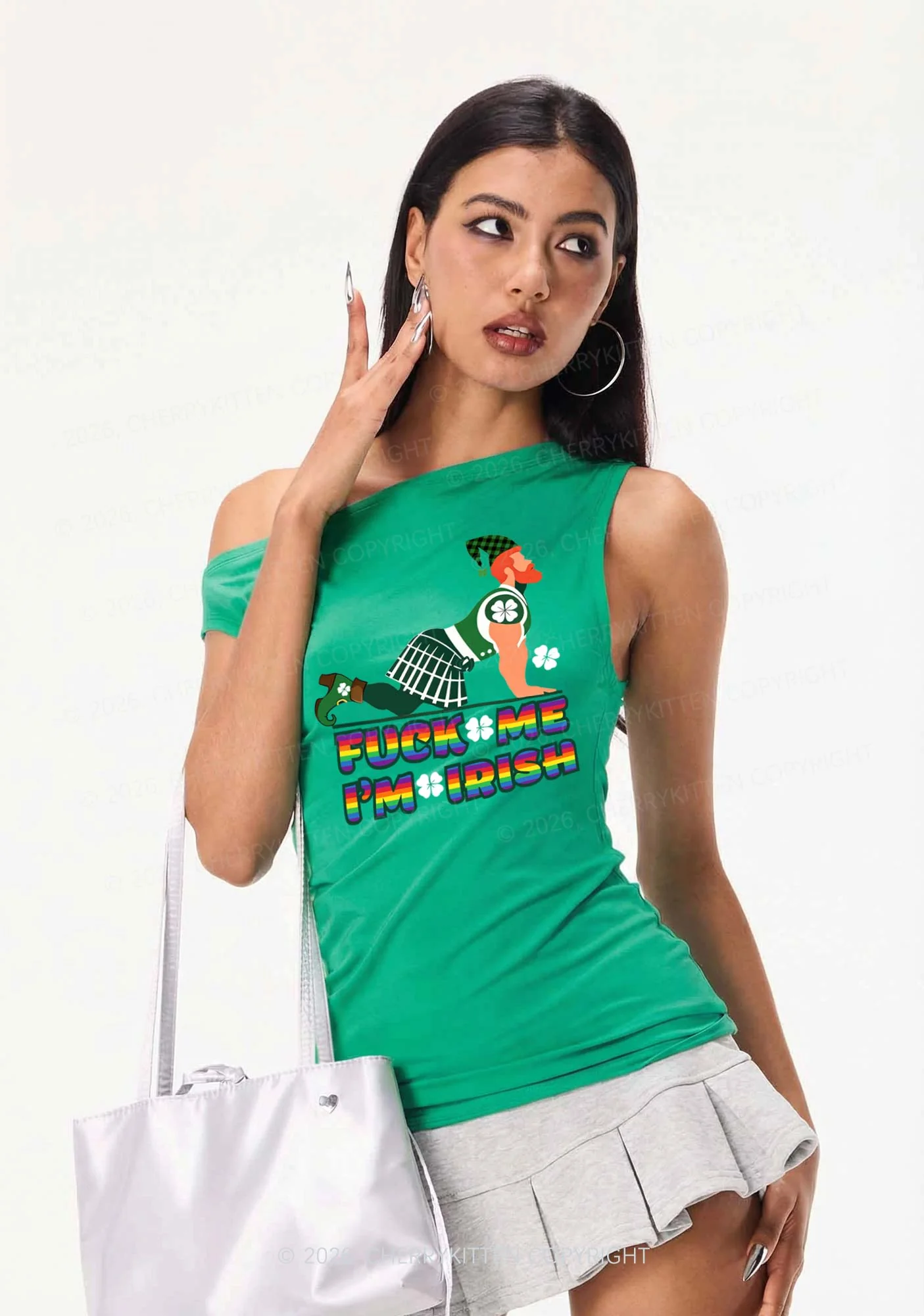 Fxxk Me Im Irish St Patricks Y2K Off Shoulder Tank Top Cherrykitten - Image 2