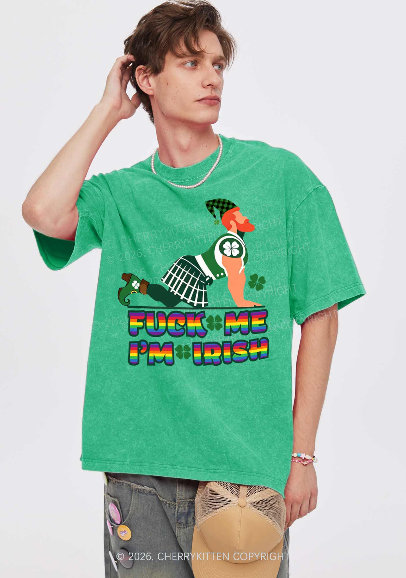 Fxxk Me Im Irish St Patricks Y2K Shirts Washed Tee Cherrykitten - Image 2