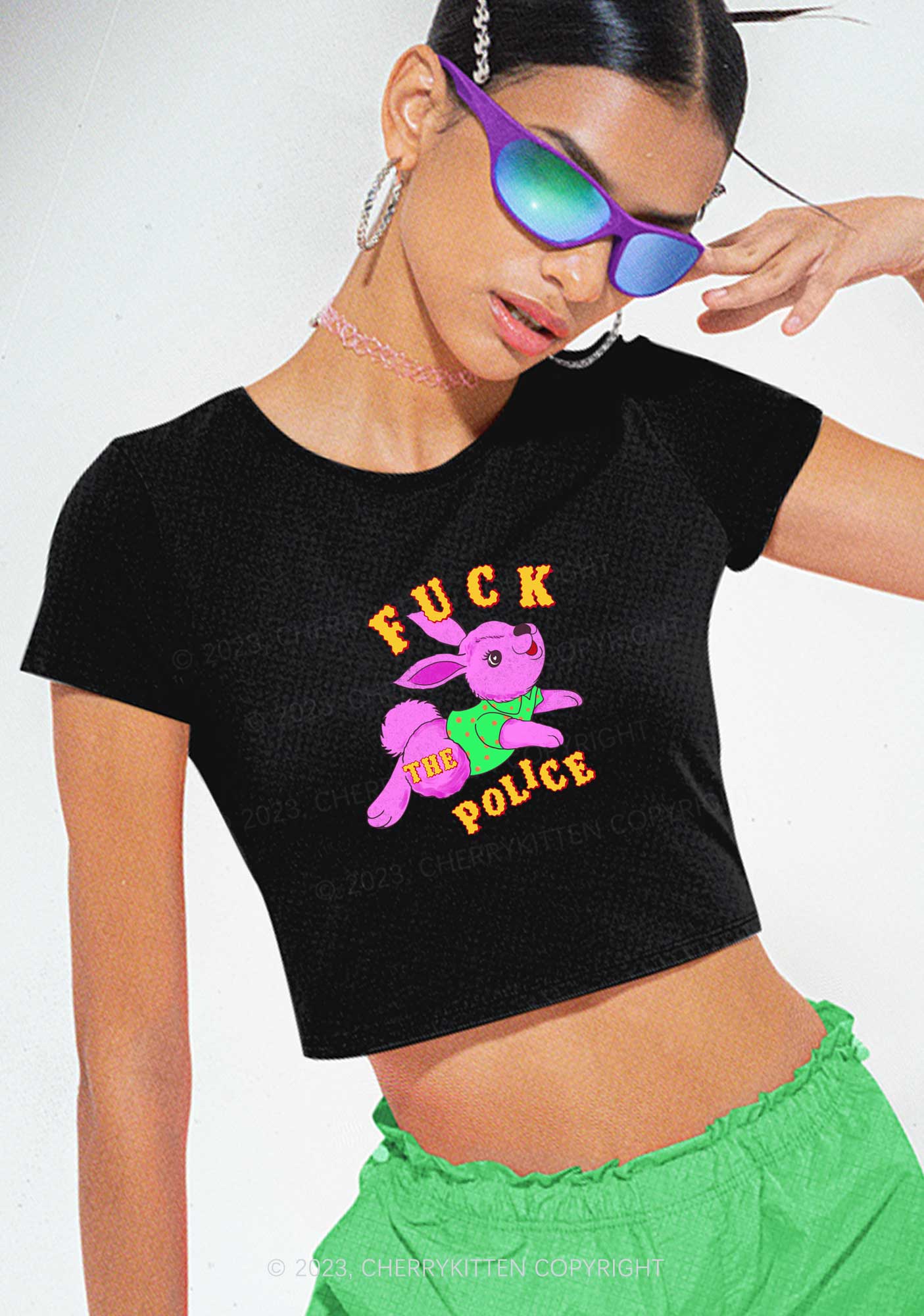 Fxxk The Police Bunny Y2K Baby Tee Cherrykitten - Image 2