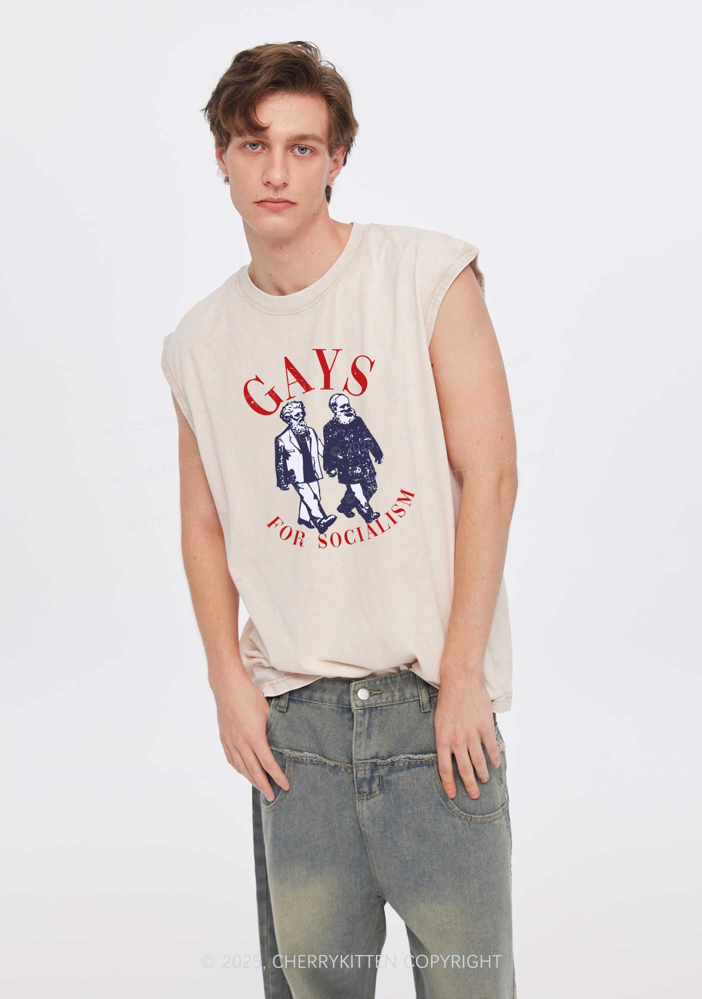 Gays For Socialism Pride Y2K Washed Muscle Tank Cherrykitten - Image 2