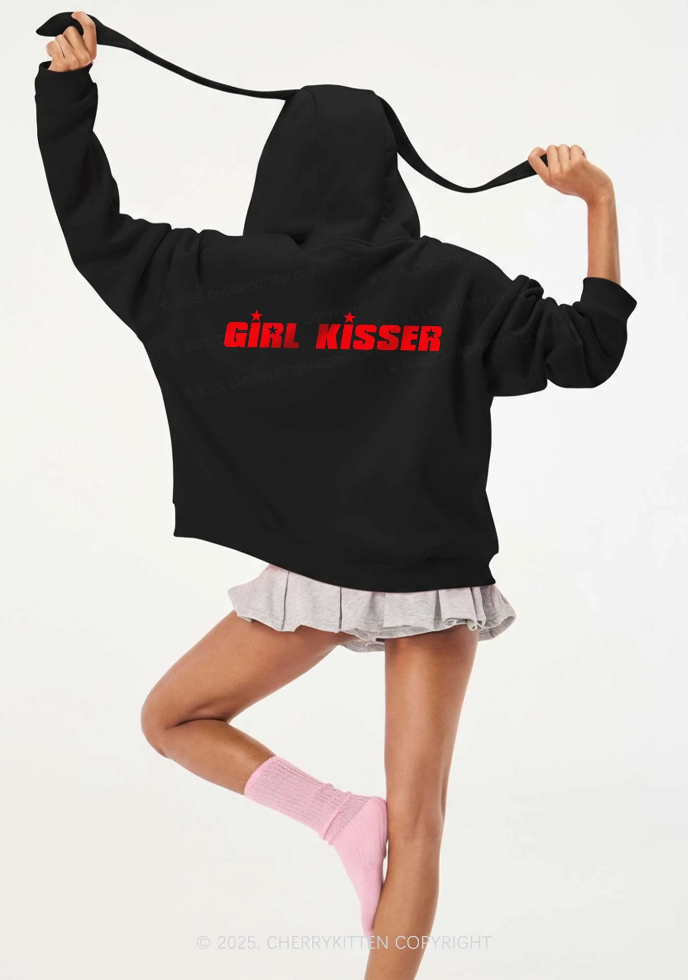 Girl Kisser Star Pride Y2K Bunny Ear Zip Hoodie Cherrykitten - Image 3