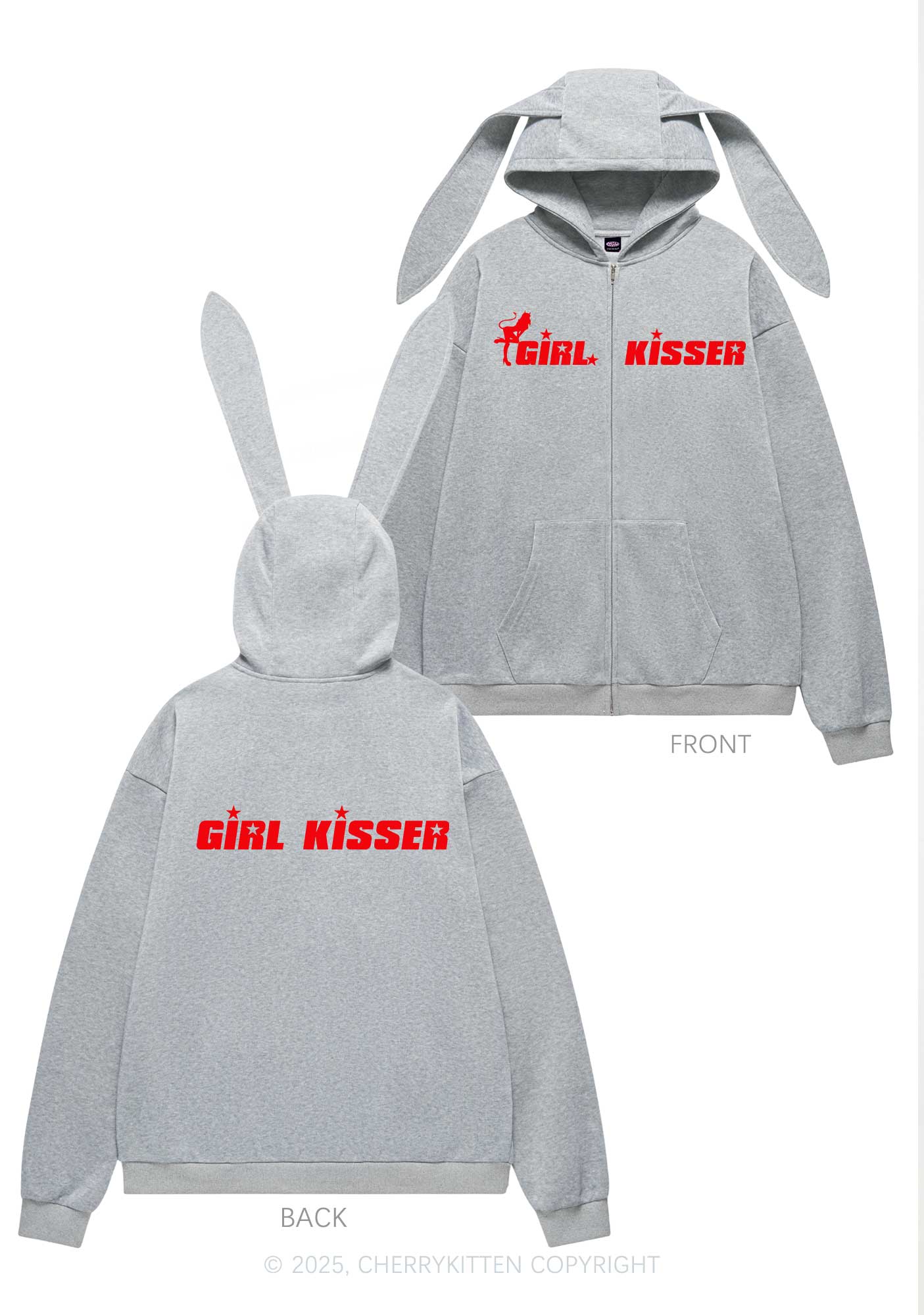 Girl Kisser Star Pride Y2K Bunny Ear Zip Hoodie Cherrykitten - Image 4