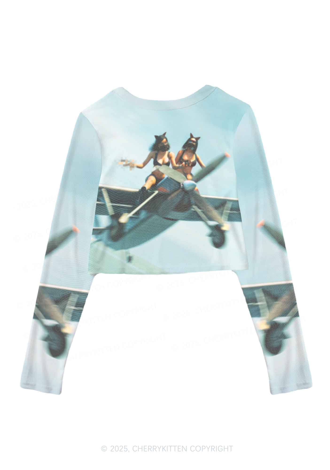 Girls Airplane Race Y2K Mesh Long Sleeve Crop Top Cherrykitten - Image 2