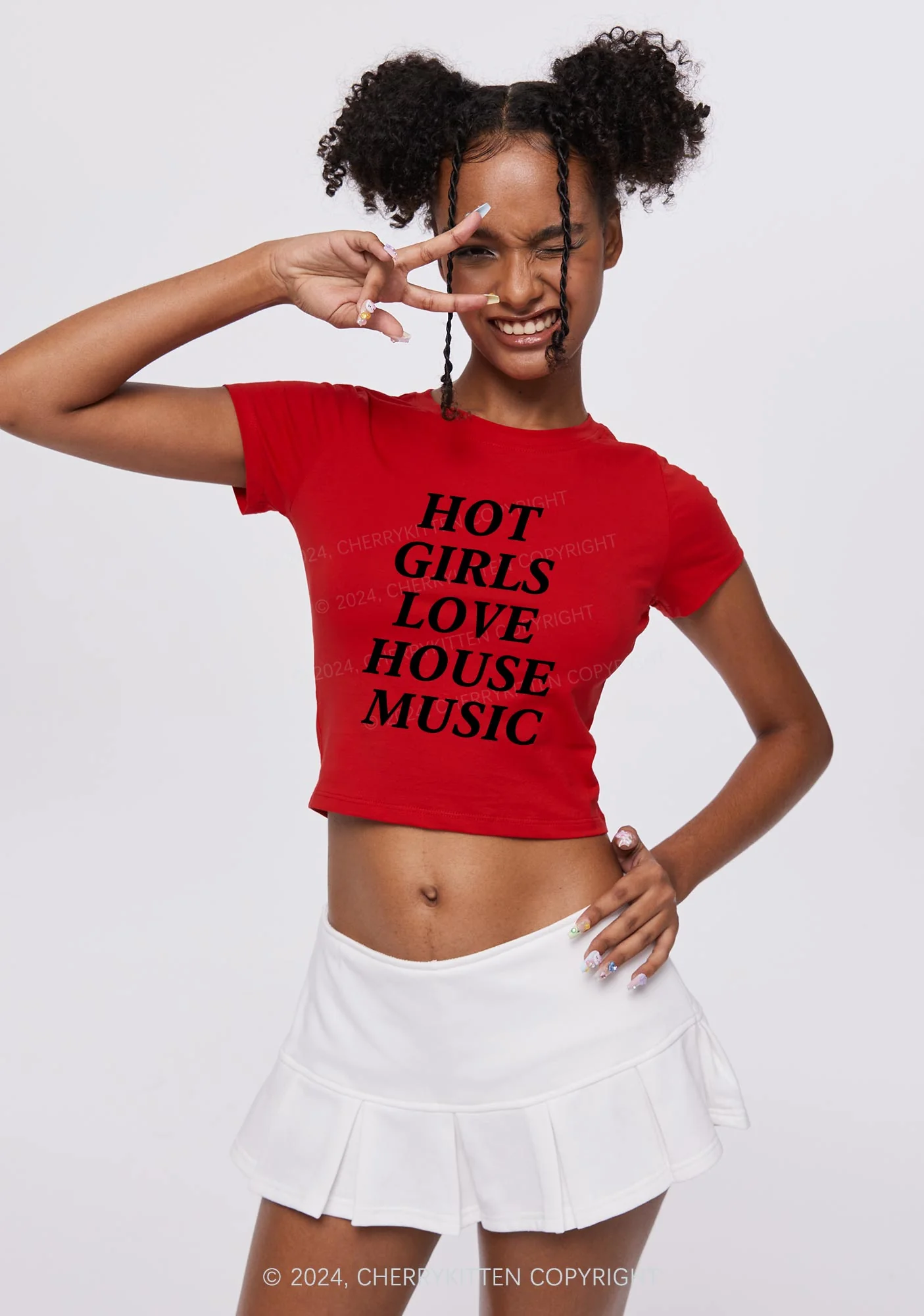 Girls Love House Music Y2K Baby Tee Cherrykitten - Image 2