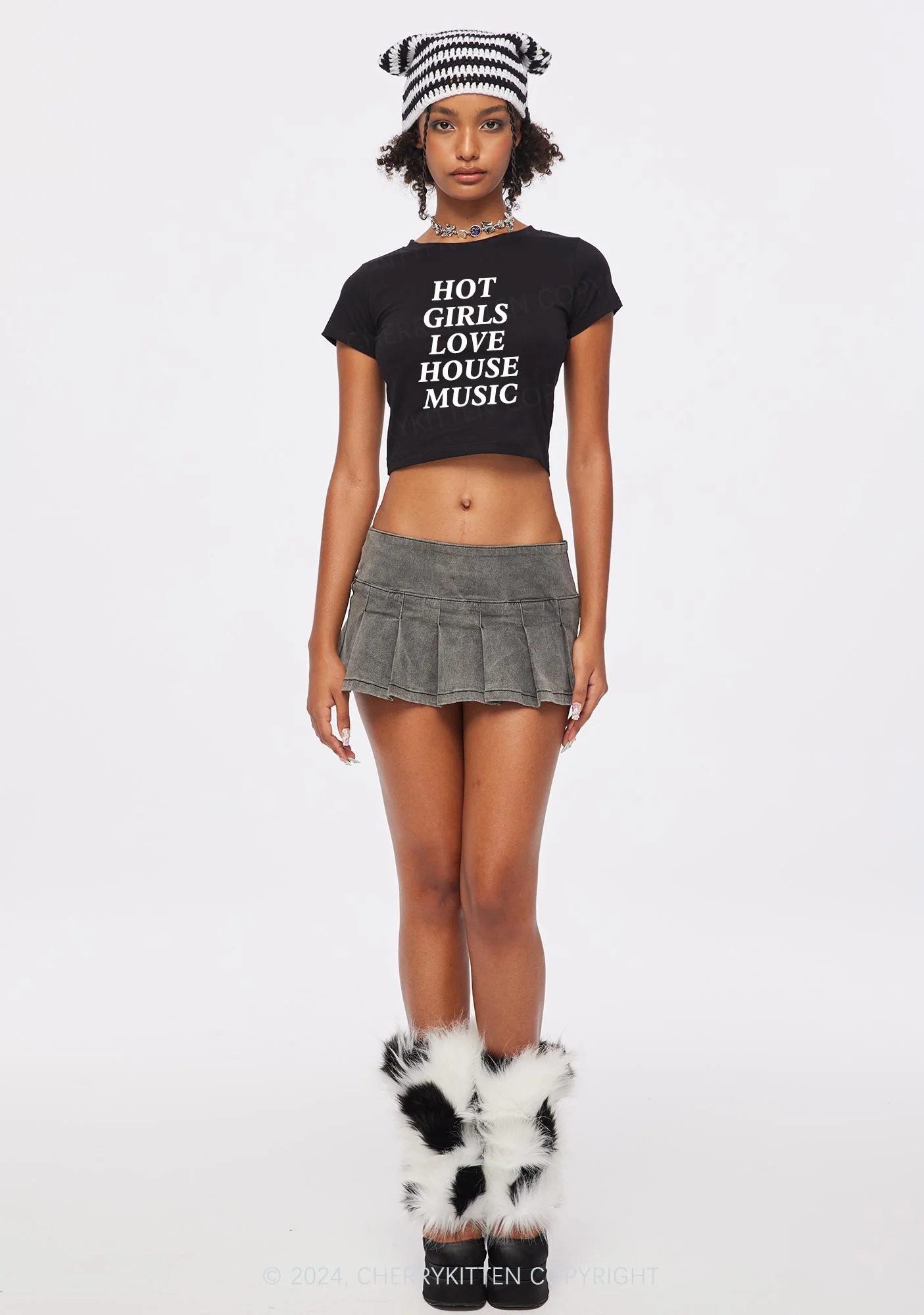 Girls Love House Music Y2K Baby Tee Cherrykitten - Image 3
