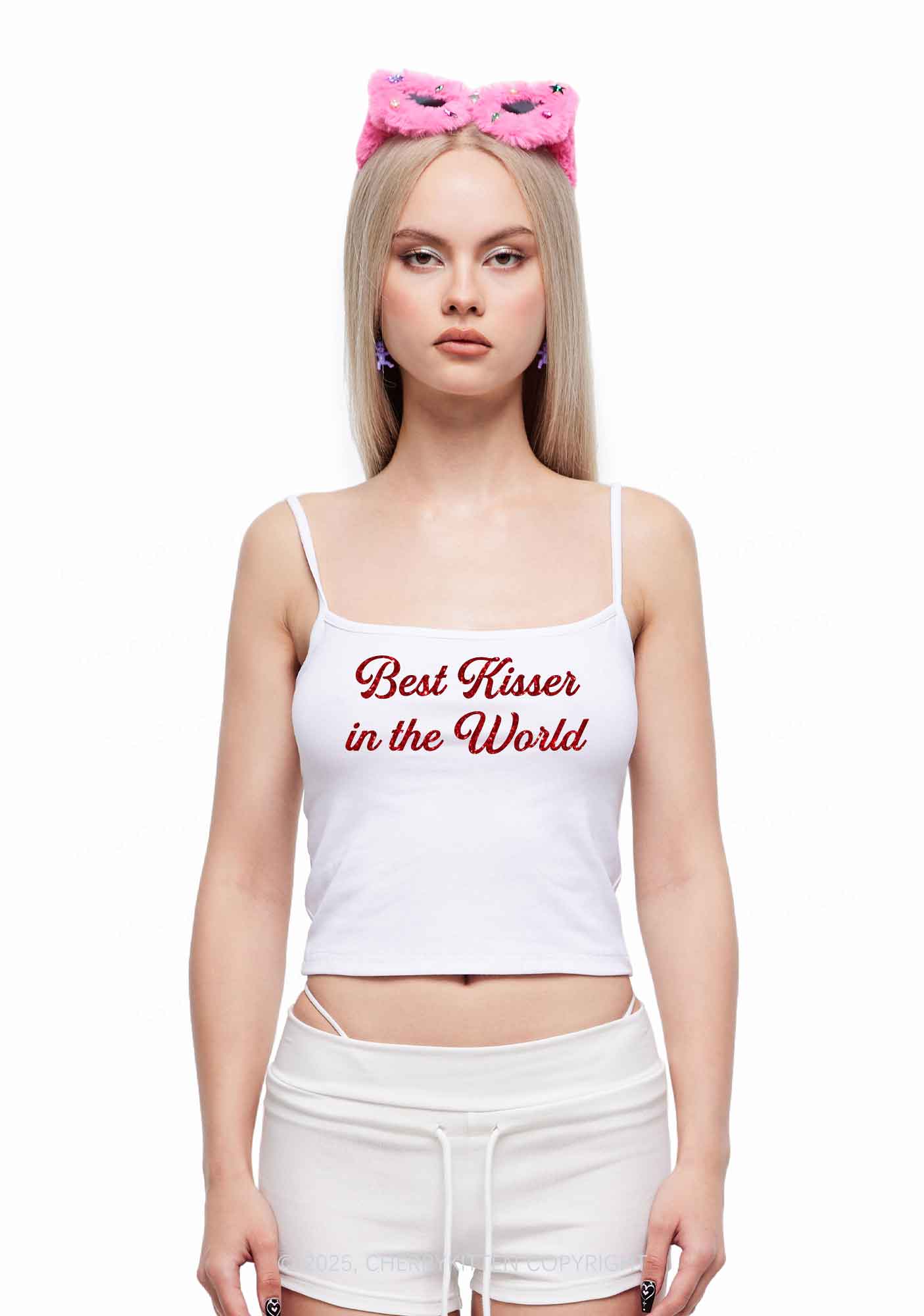 Glitter Best Kisser In The World Y2K Spaghetti Strap Cami Cherrykitten - Image 3