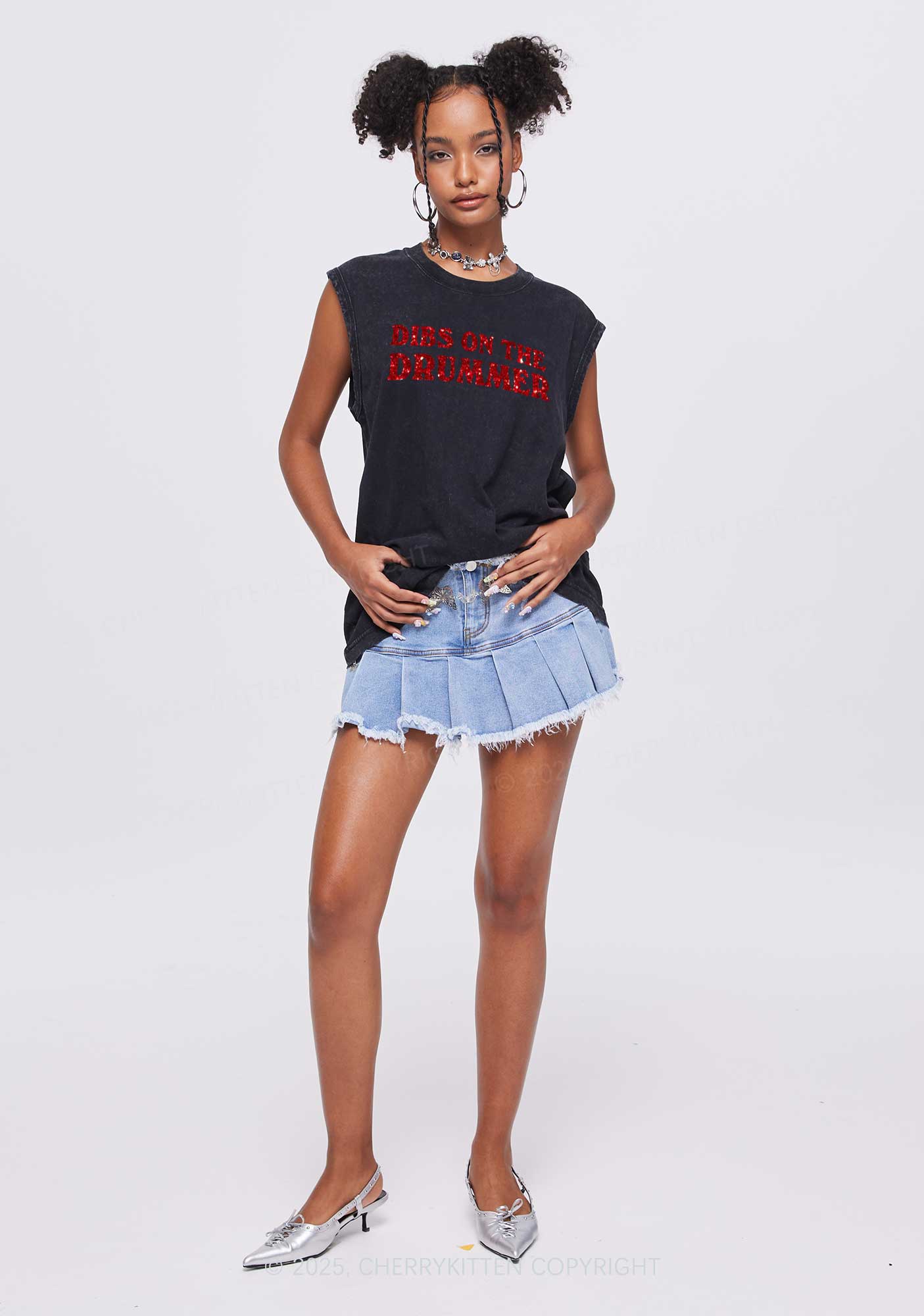 Glitter Dibs On The Drummer Y2K Washed Muscle Tank Cherrykitten - Image 3