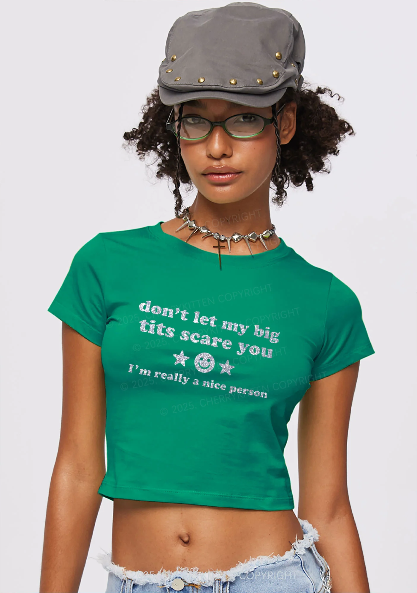 Glitter Dont Let My Big Txts Scare You Y2K Baby Tee Cherrykitten - Image 3