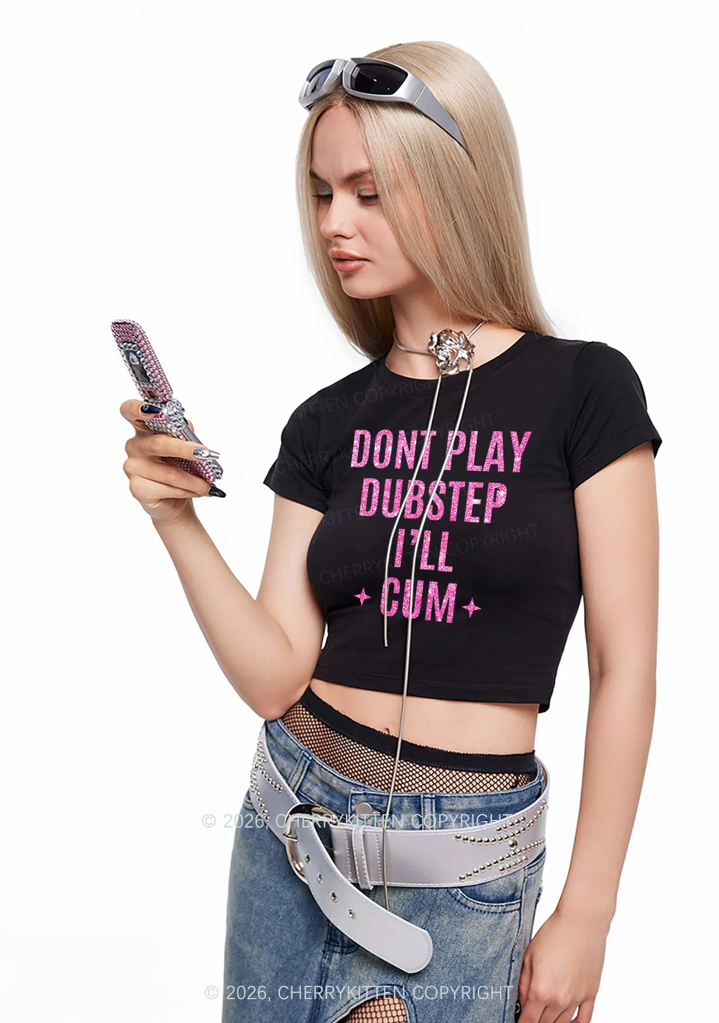 Glitter Dont Play Dubstep Y2K Baby Tee Cherrykitten - Image 3