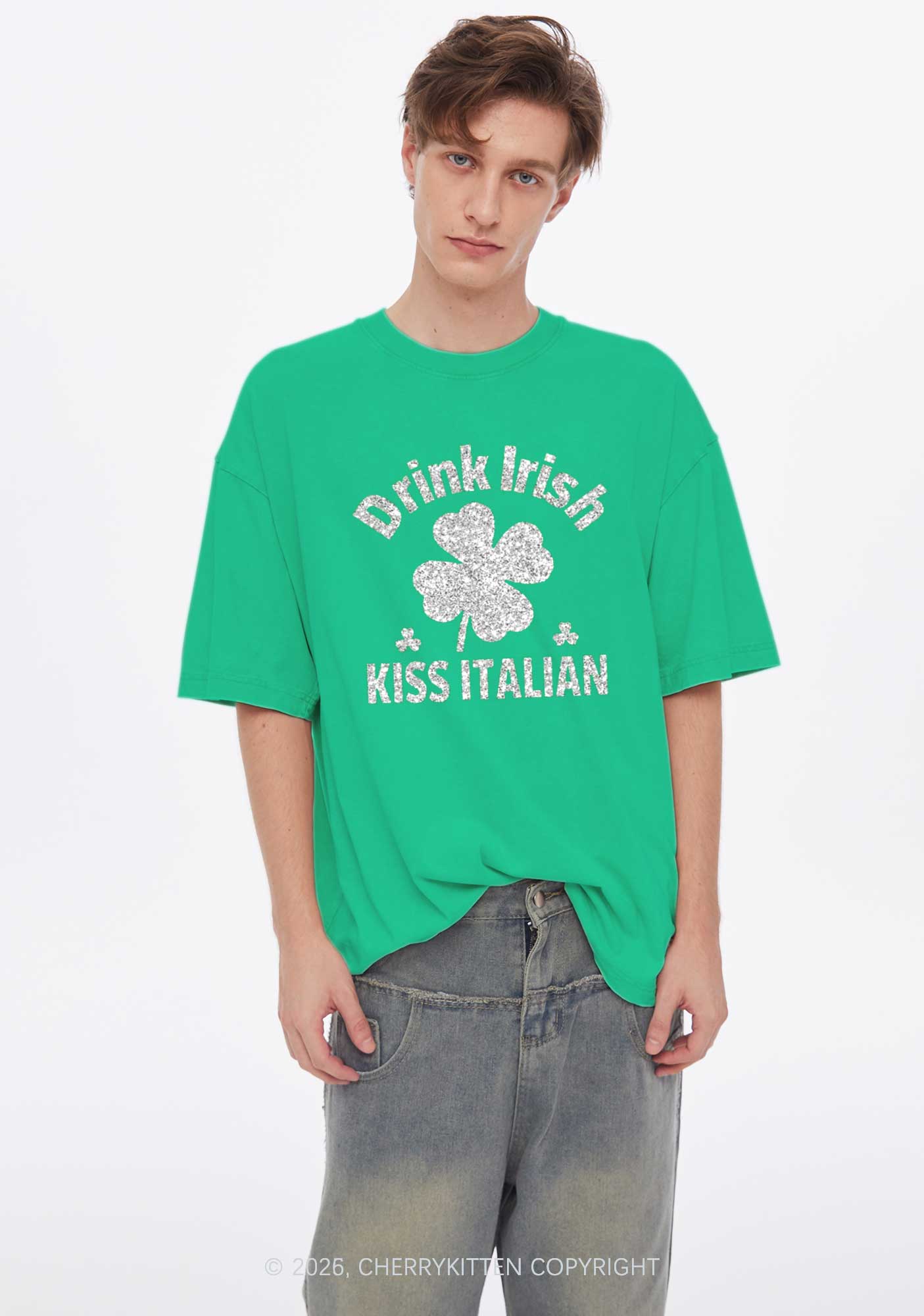 Glitter Drink Irish Kiss Italian St Patricks Y2K Shirts Washed Tee Cherrykitten - Image 2