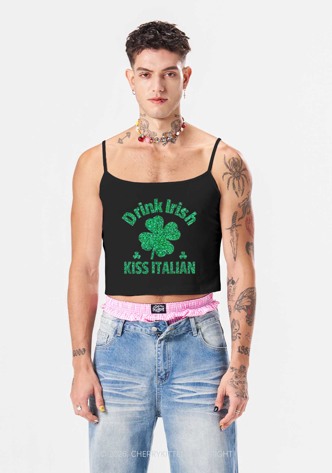 Glitter Drink Irish Kiss Italian St Patricks Y2K Spaghetti Strap Cami Cherrykitten - Image 3