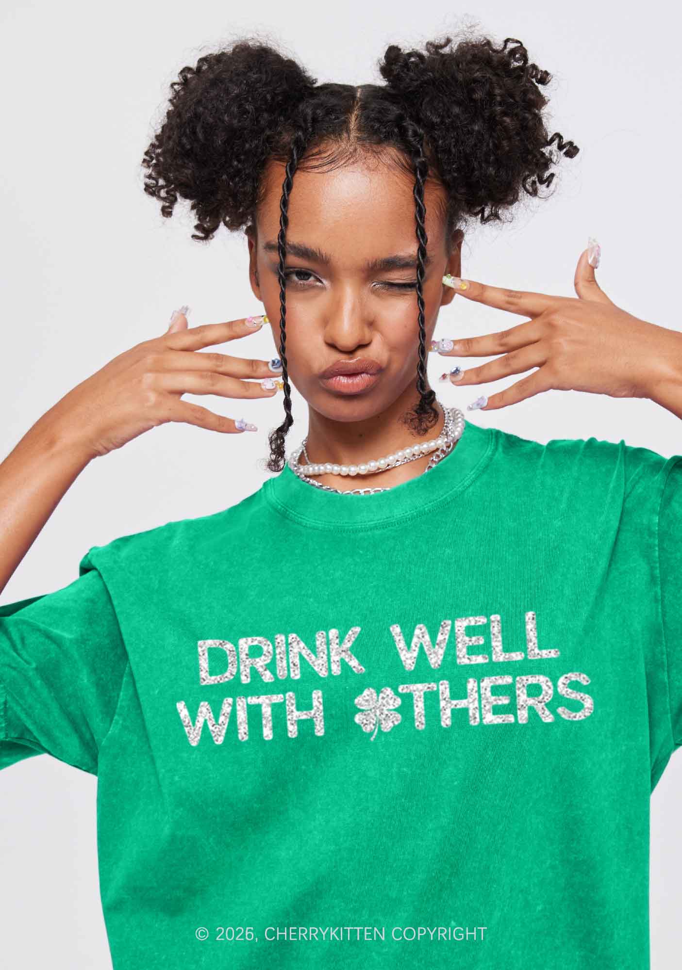 Glitter Drinks Well With Others St Patricks Y2K Shirts Washed Tee Cherrykitten - Image 2