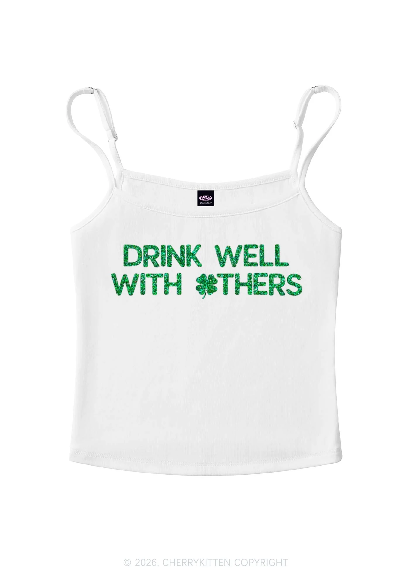 Glitter Drinks Well With Others St Patricks Y2K Spaghetti Strap Cami Cherrykitten - Image 3