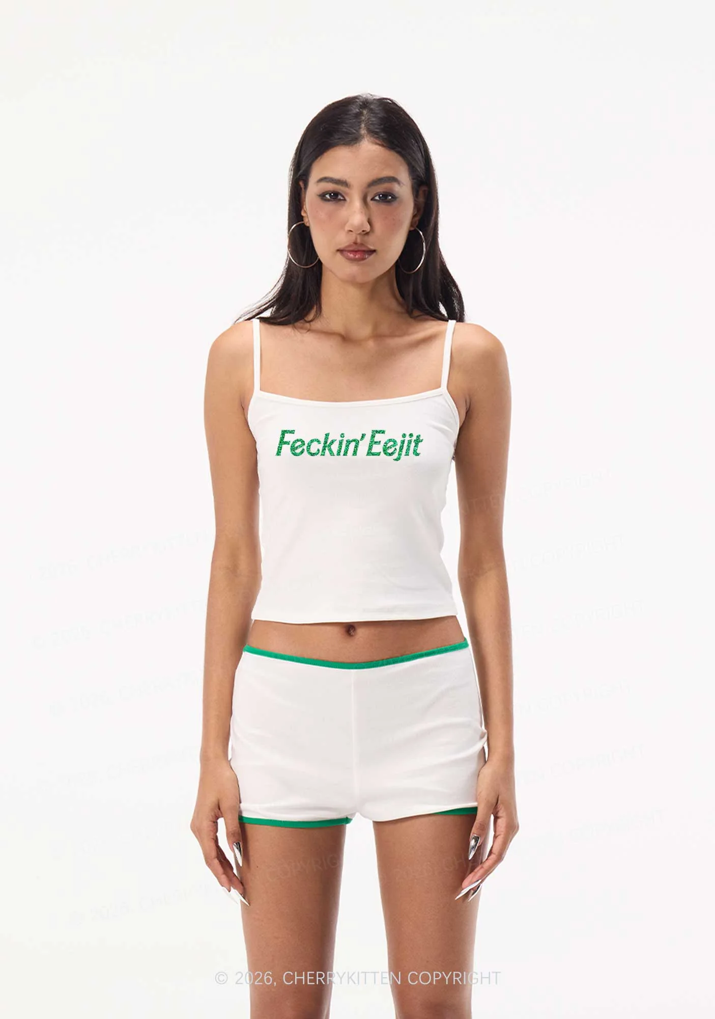 Glitter Feckin Eejit St Patricks Y2K Spaghetti Strap Cami Cherrykitten - Image 3