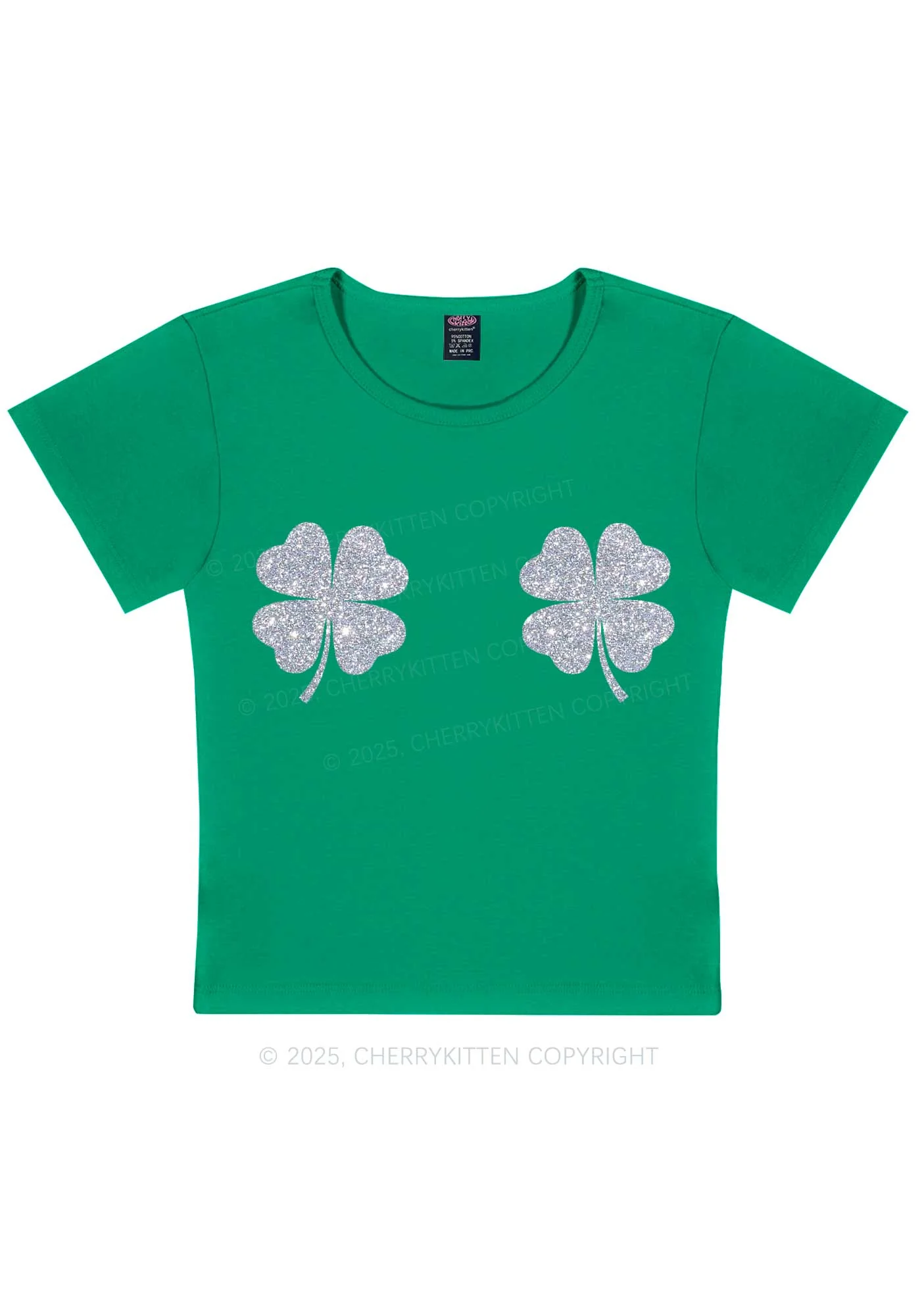 Glitter Four Leaf Clover St Patricks Y2K Baby Tee Cherrykitten - Image 2