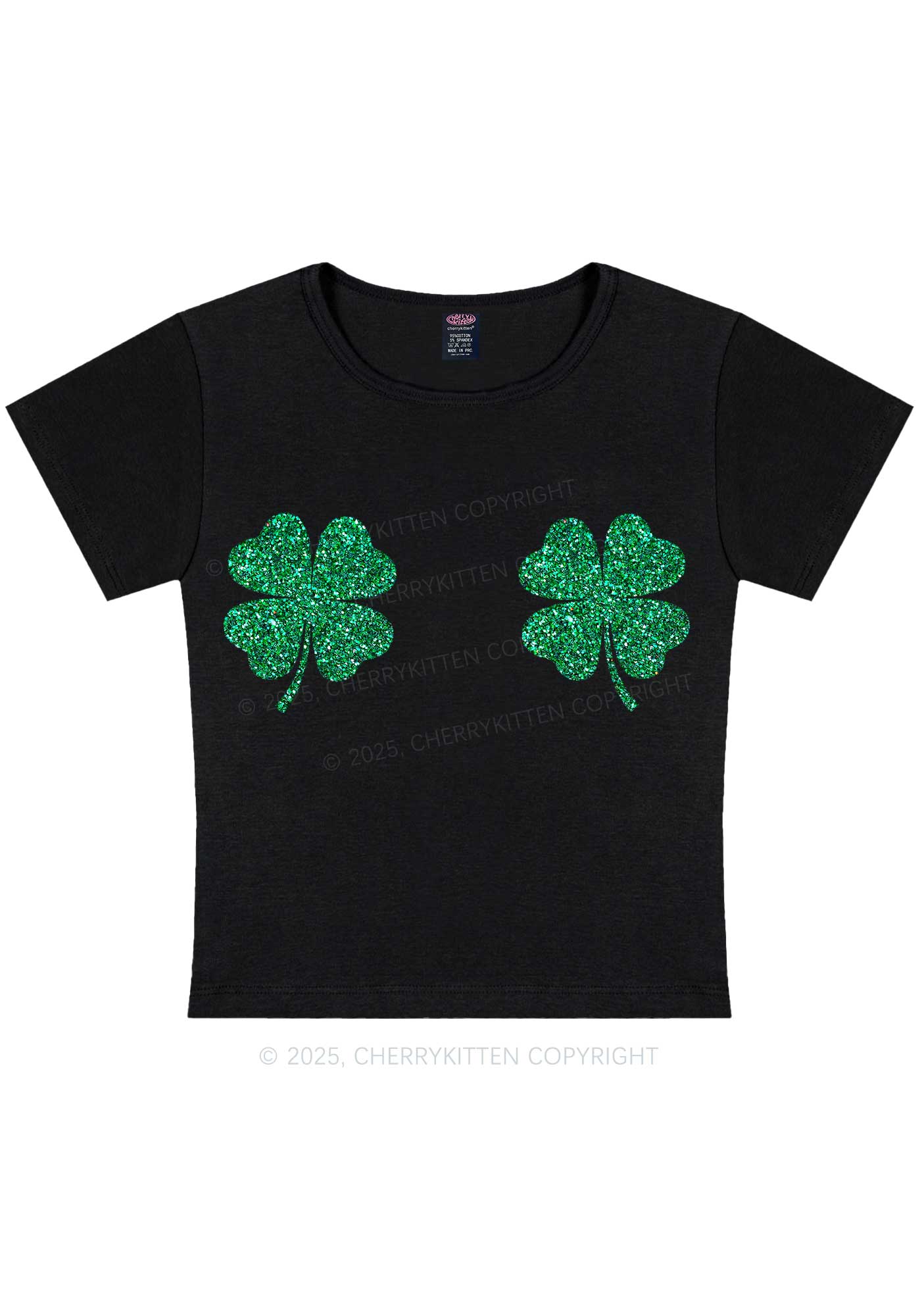 Glitter Four Leaf Clover St Patricks Y2K Baby Tee Cherrykitten - Image 3