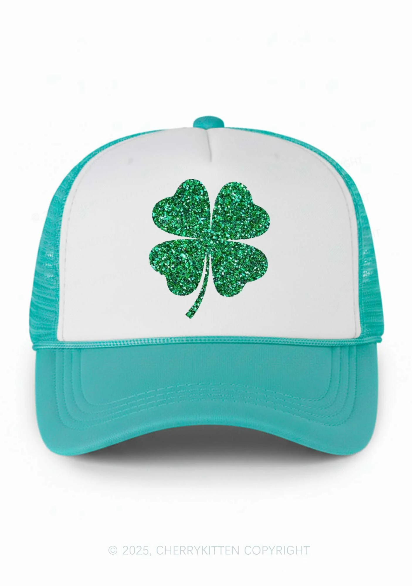 Glitter Four Leaf Clover St Patricks Y2K Colorblock Trucker Hat Cherrykitten - Image 3