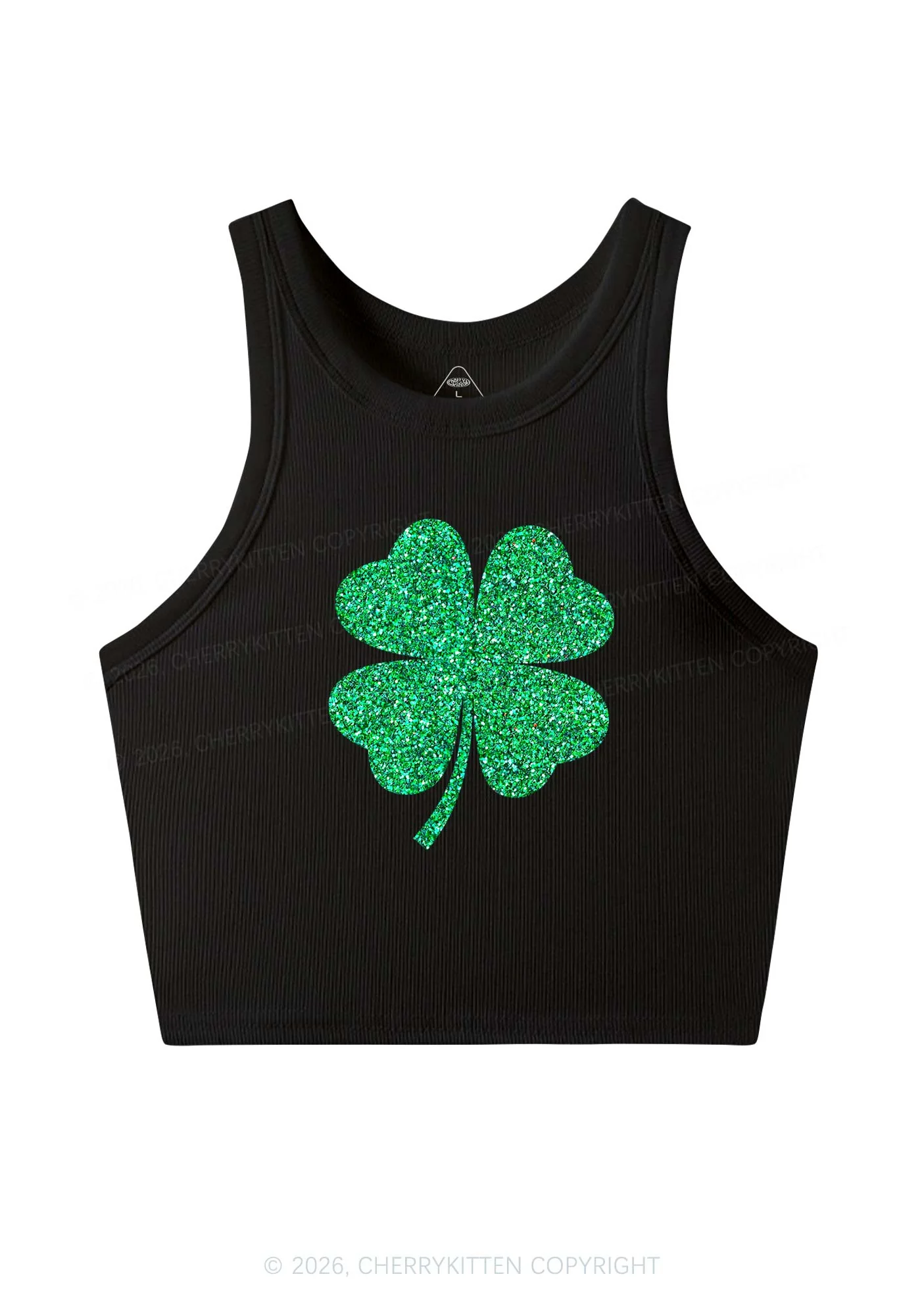 Glitter Four Leaf Clover St Patricks Y2K Crop Tank Top Cherrykitten - Image 3