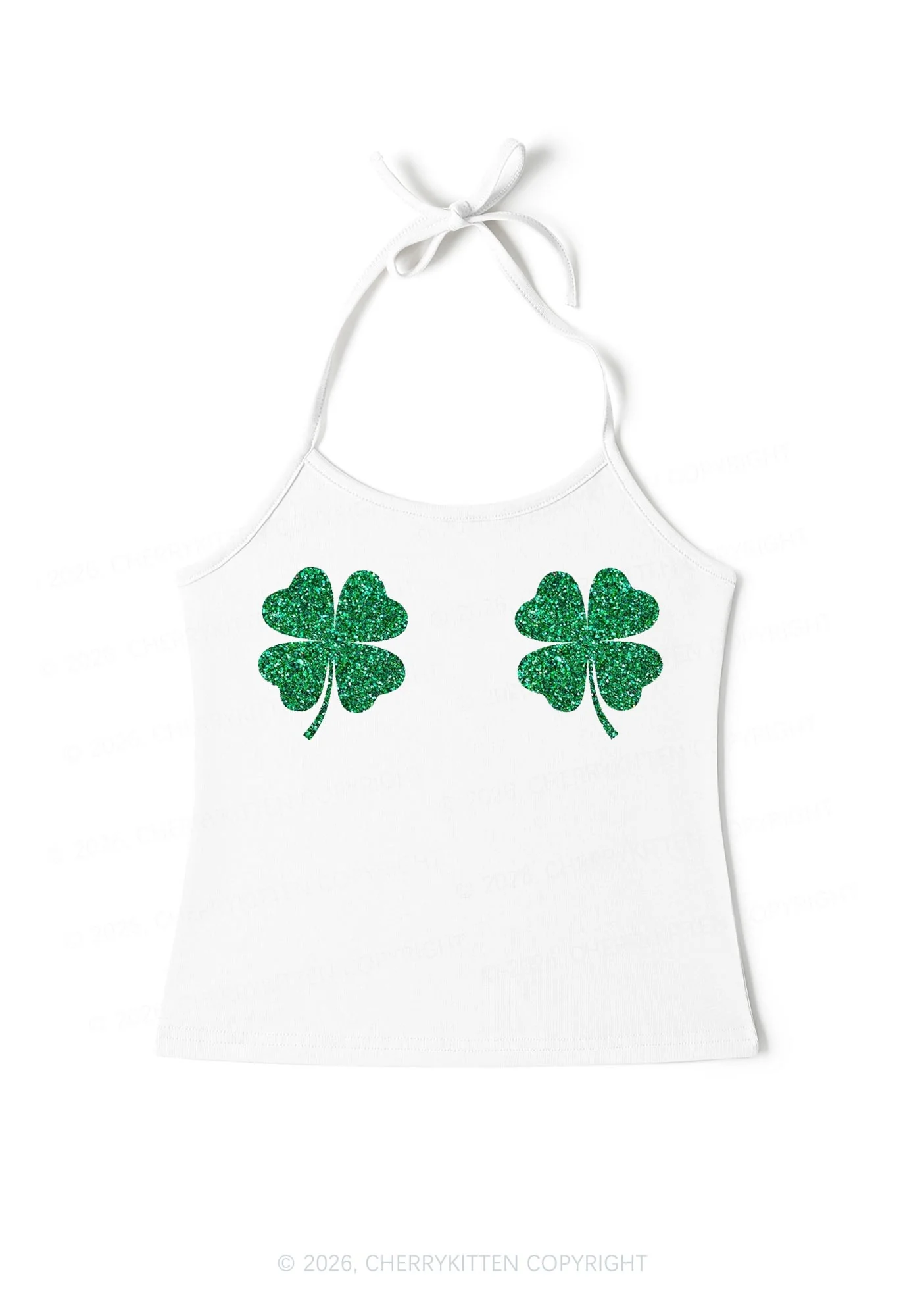 Glitter Four Leaf Clover St Patricks Y2K Halter Neck Cami Cherrykitten - Image 3