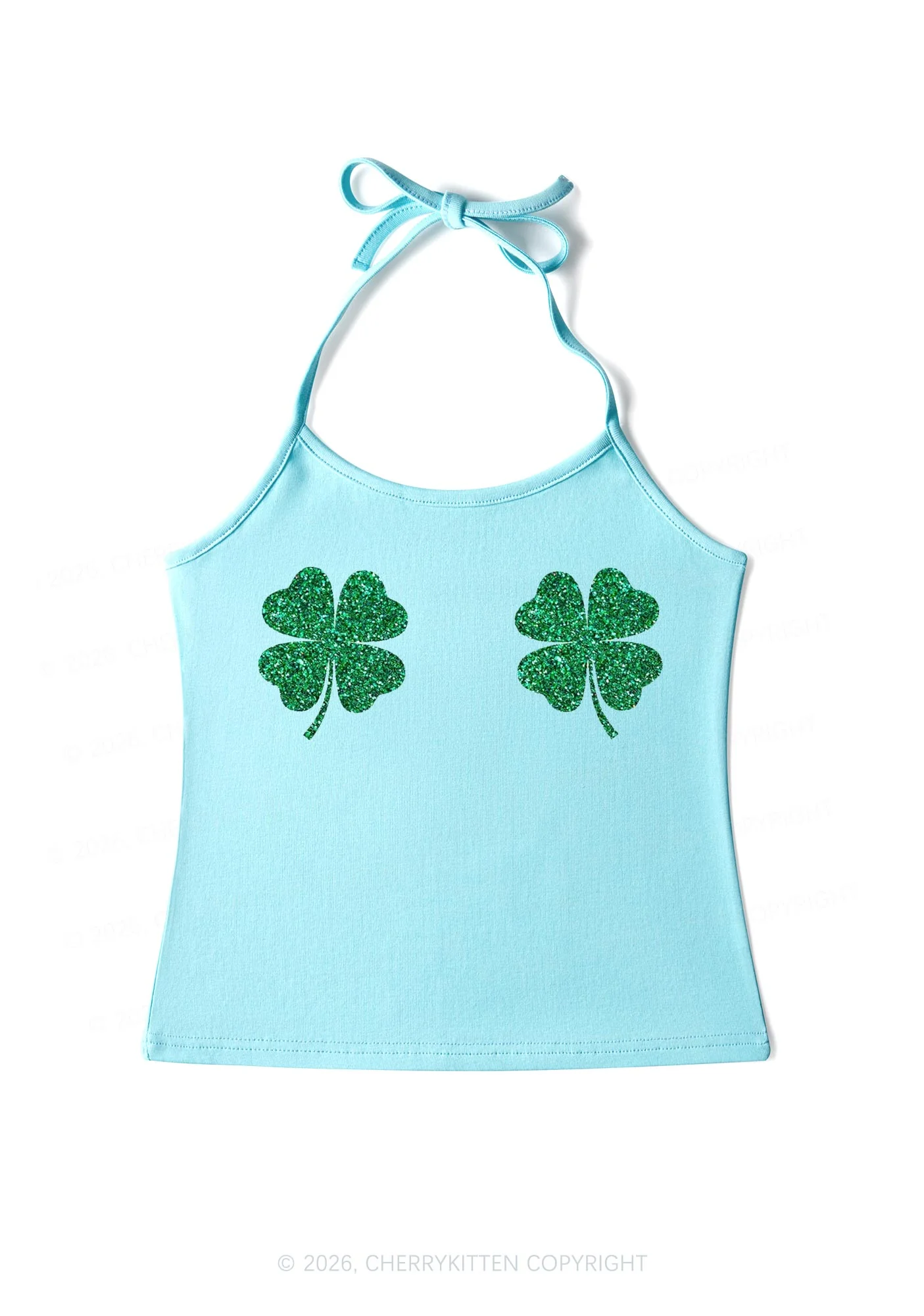 Glitter Four Leaf Clover St Patricks Y2K Halter Neck Cami Cherrykitten - Image 5