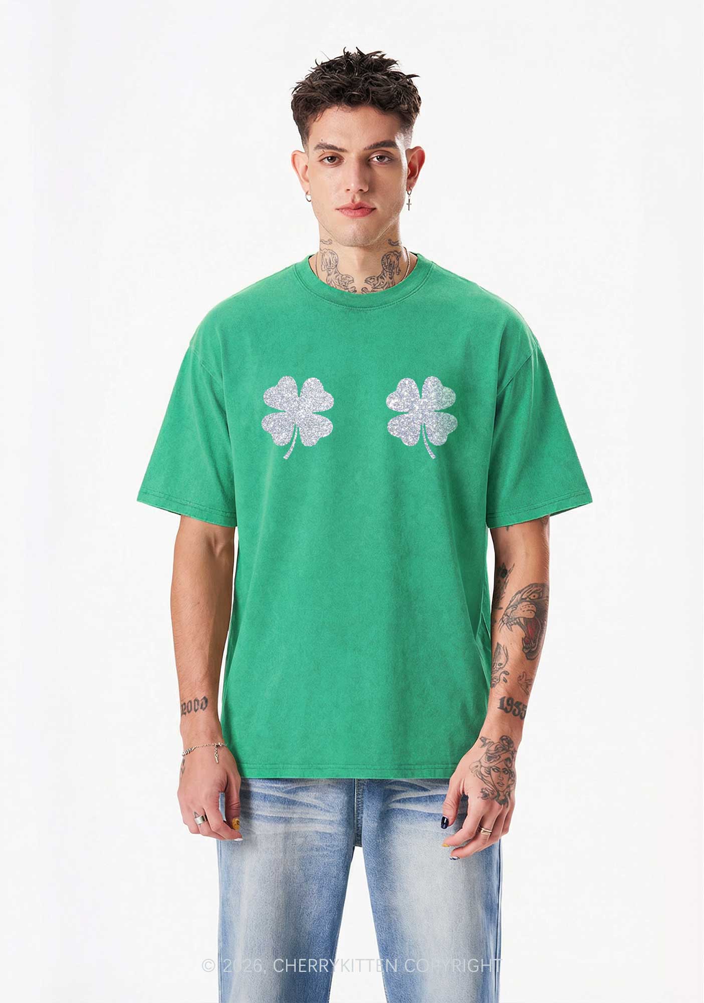 Glitter Four Leaf Clover St Patricks Y2K Shirts Washed Tee Cherrykitten - Image 2