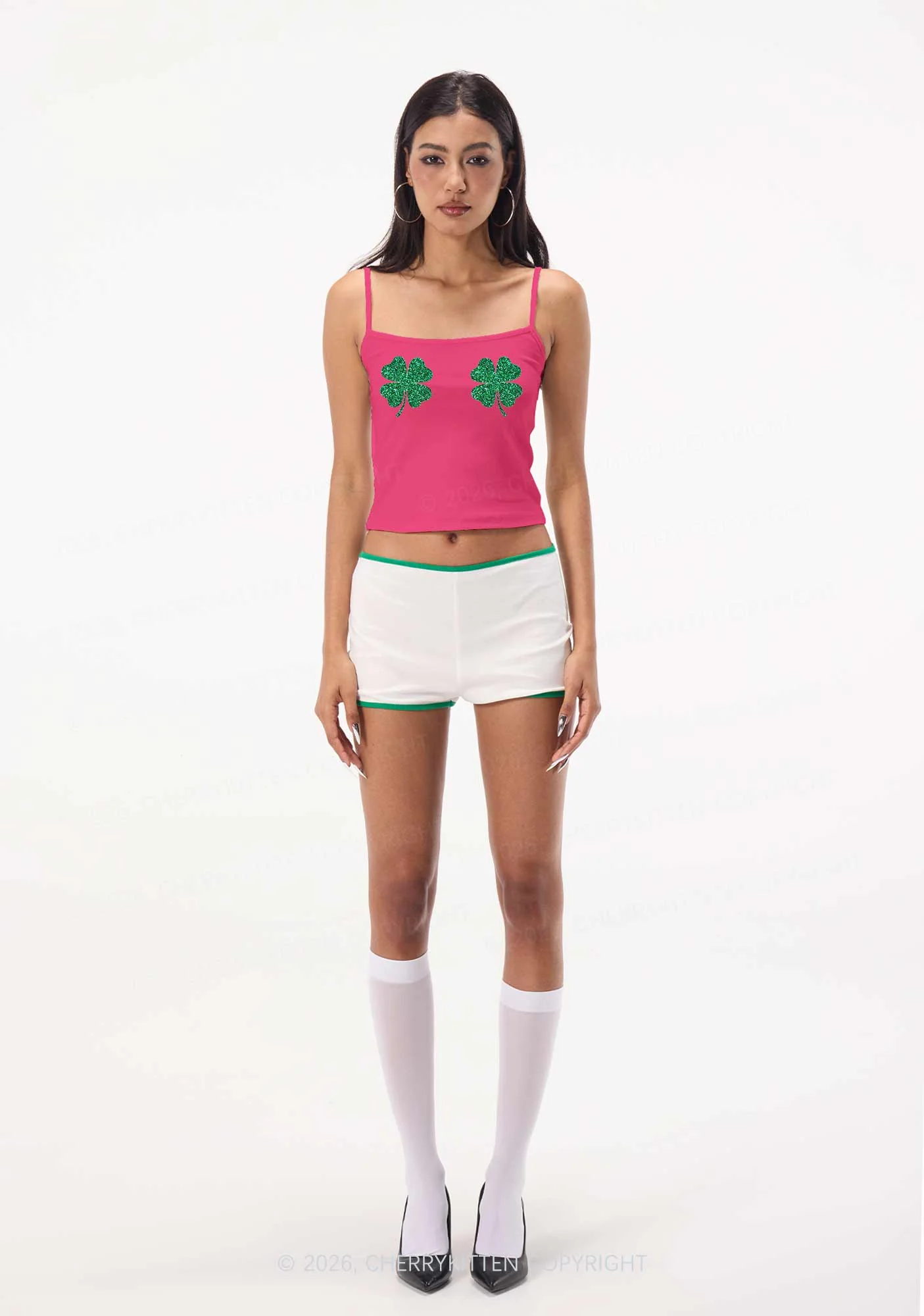 Glitter Four Leaf Clover St Patricks Y2K Spaghetti Strap Cami Cherrykitten - Image 2