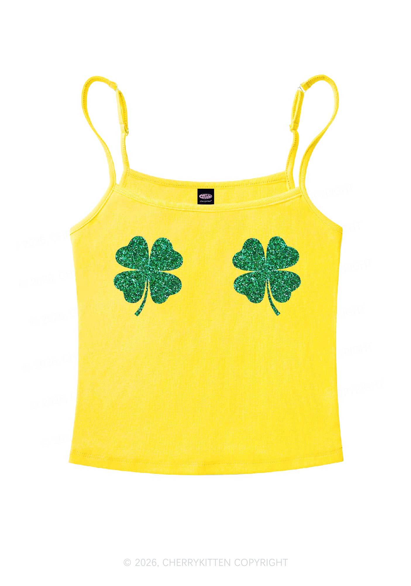 Glitter Four Leaf Clover St Patricks Y2K Spaghetti Strap Cami Cherrykitten - Image 3