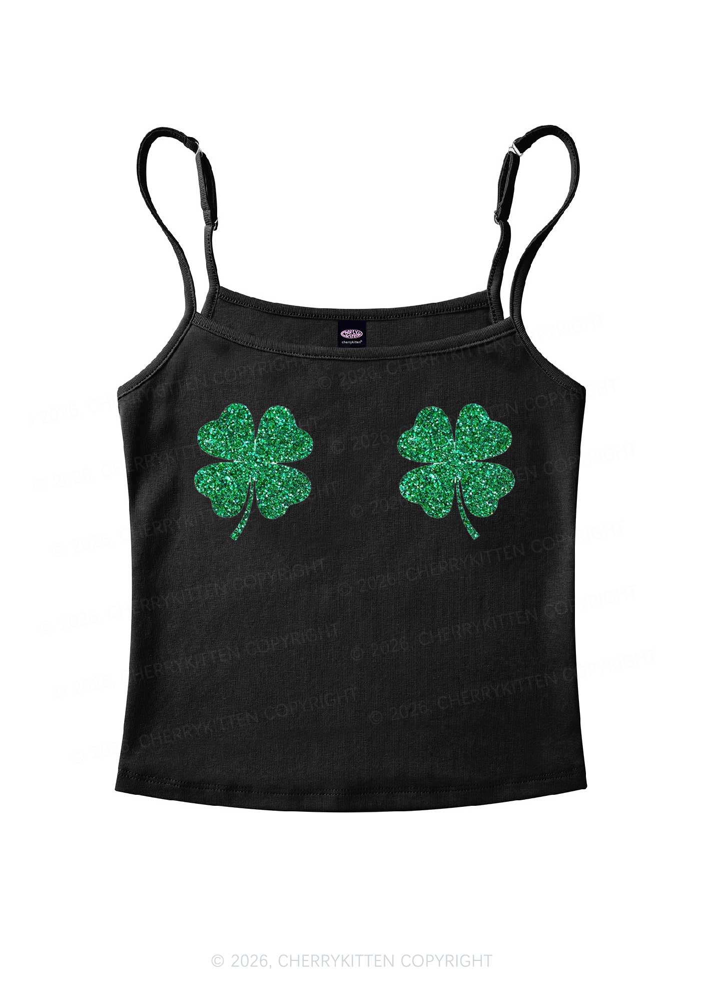 Glitter Four Leaf Clover St Patricks Y2K Spaghetti Strap Cami Cherrykitten - Image 4