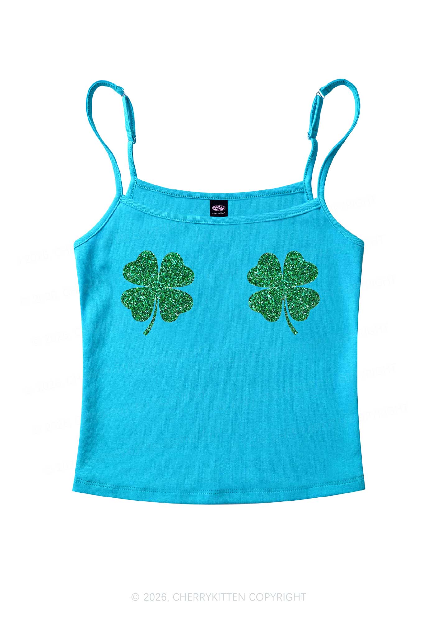 Glitter Four Leaf Clover St Patricks Y2K Spaghetti Strap Cami Cherrykitten - Image 5
