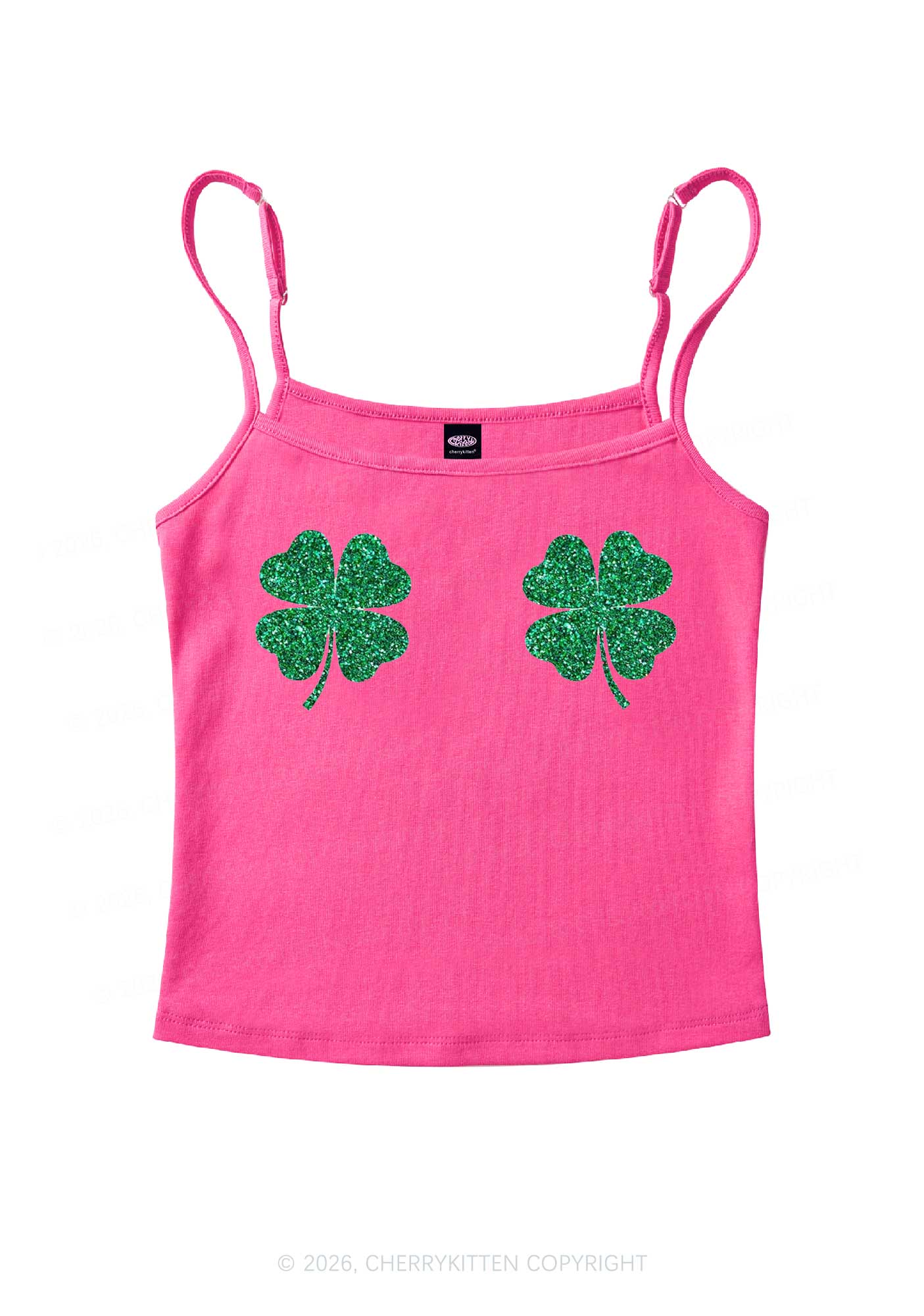 Glitter Four Leaf Clover St Patricks Y2K Spaghetti Strap Cami Cherrykitten - Image 6