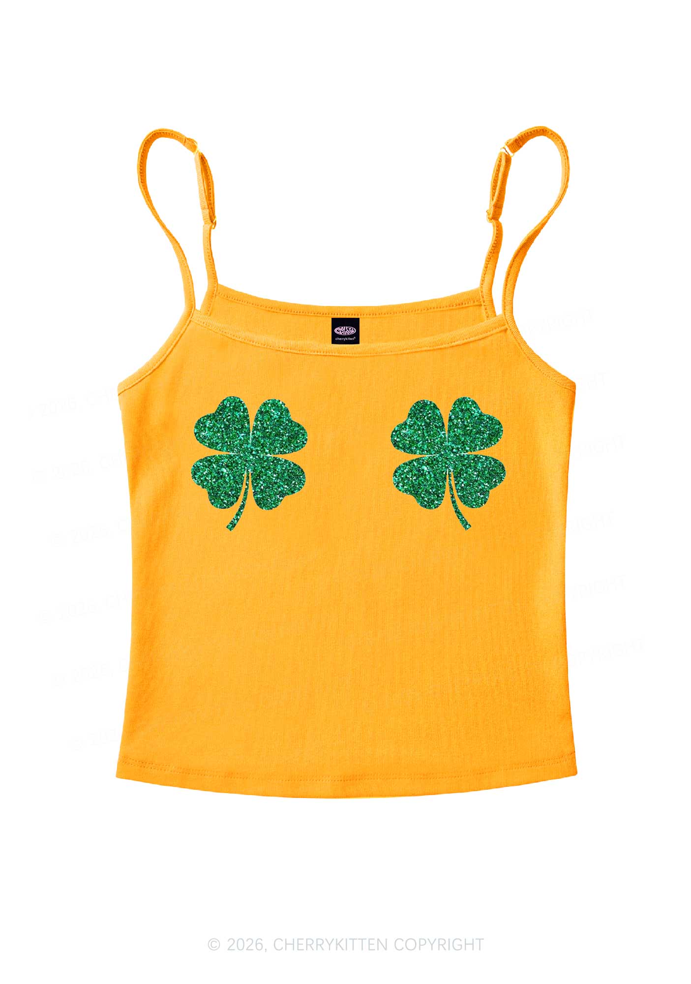 Glitter Four Leaf Clover St Patricks Y2K Spaghetti Strap Cami Cherrykitten - Image 7
