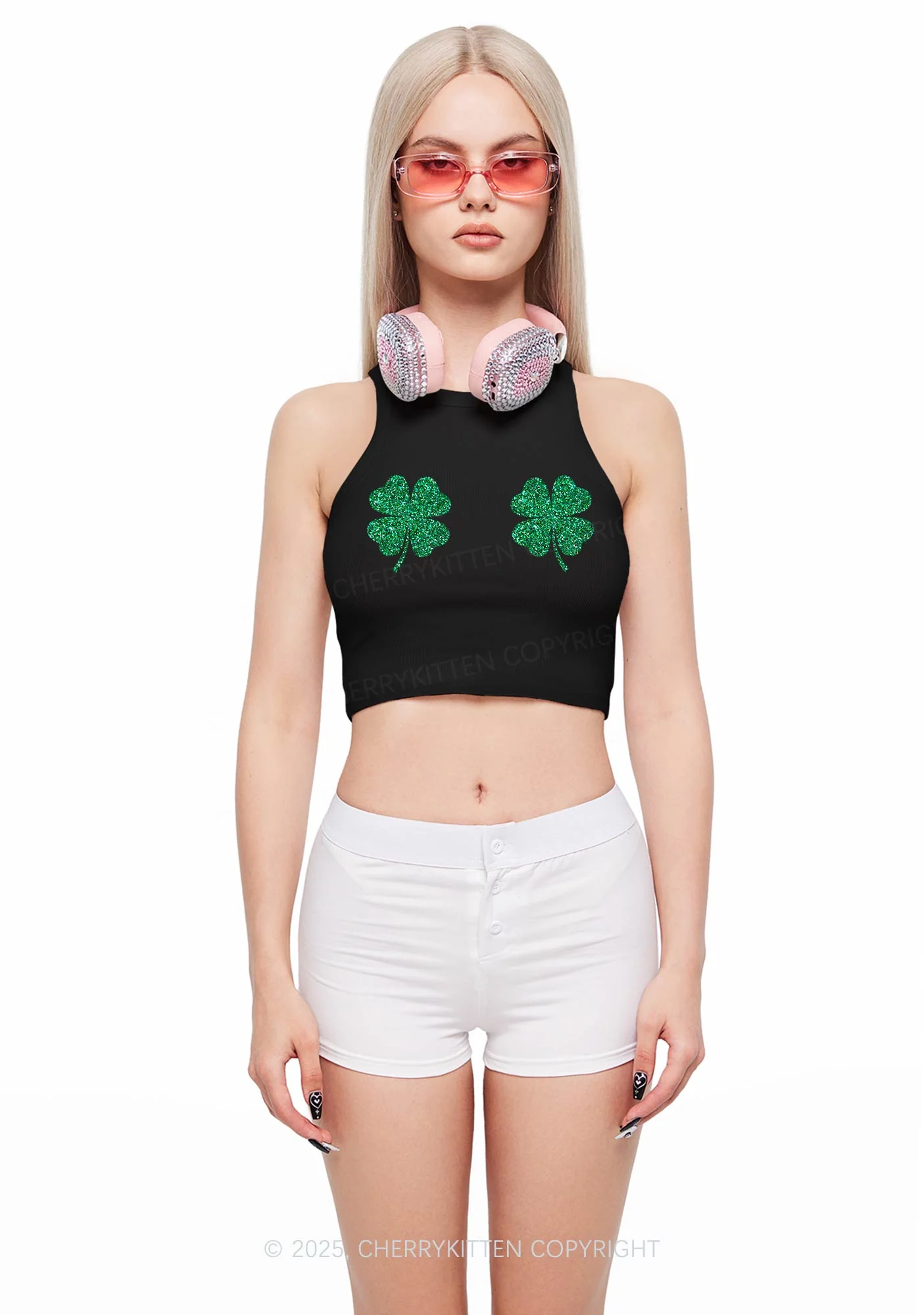 Glitter Four Leaf Clover Y2K Crop Tank Top Cherrykitten - Image 3
