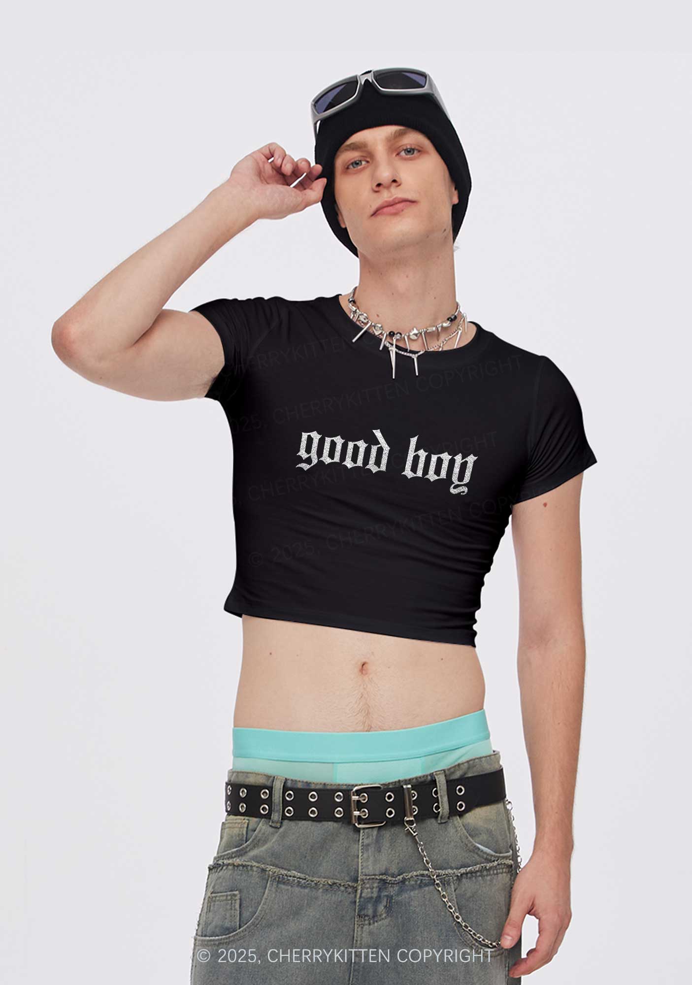 Glitter Good Boy Y2K Baby Tee Cherrykitten - Image 3