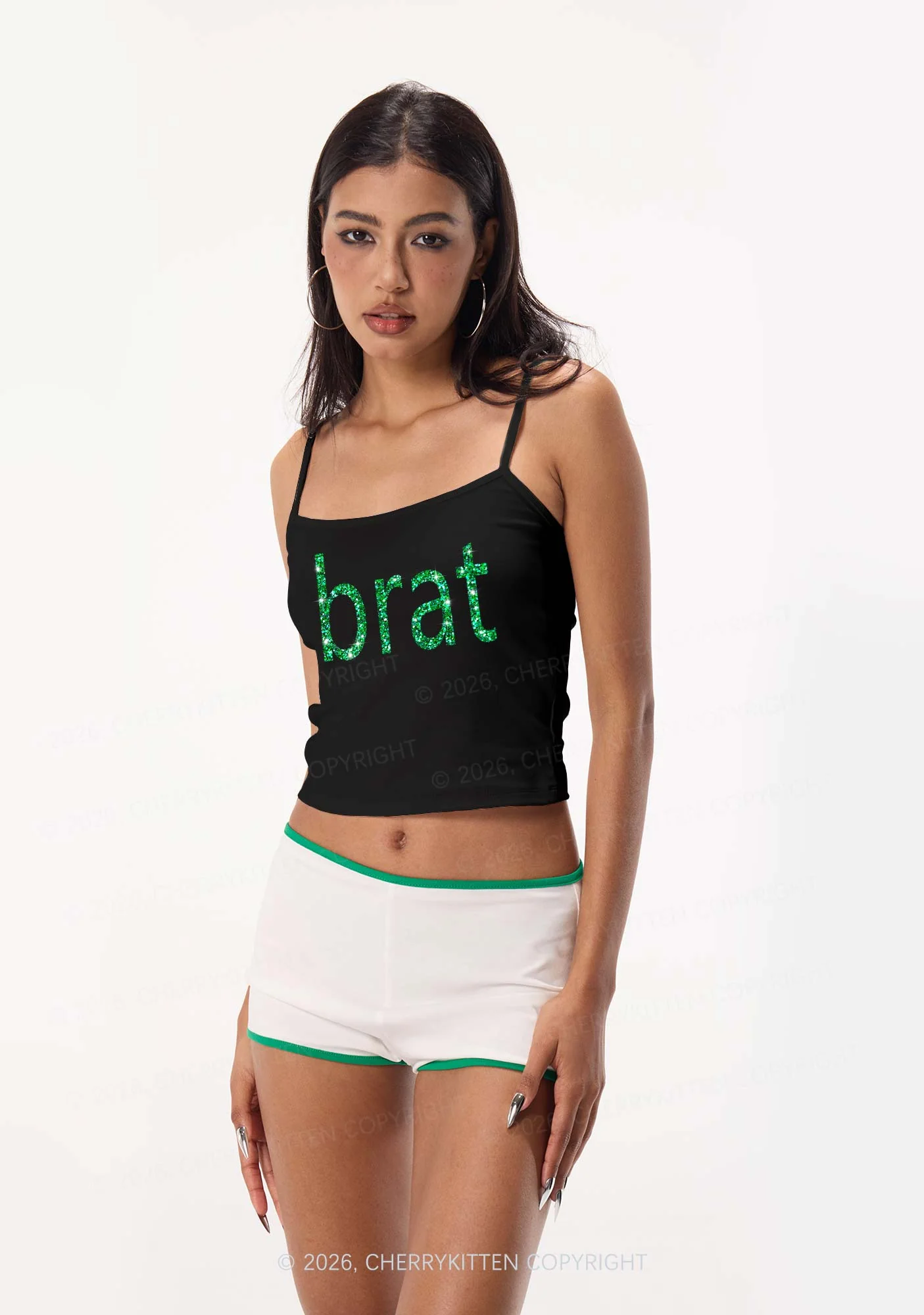 Glitter Green Brat Y2K Spaghetti Strap Cami Cherrykitten - Image 2