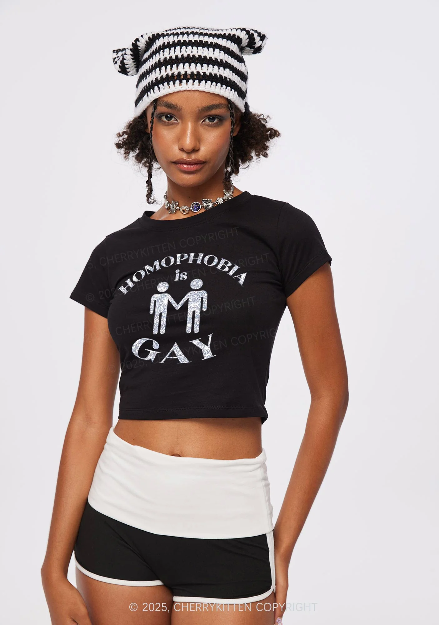 Glitter Homophobia Is Gay Pride Y2K Baby Tee Cherrykitten - Image 3