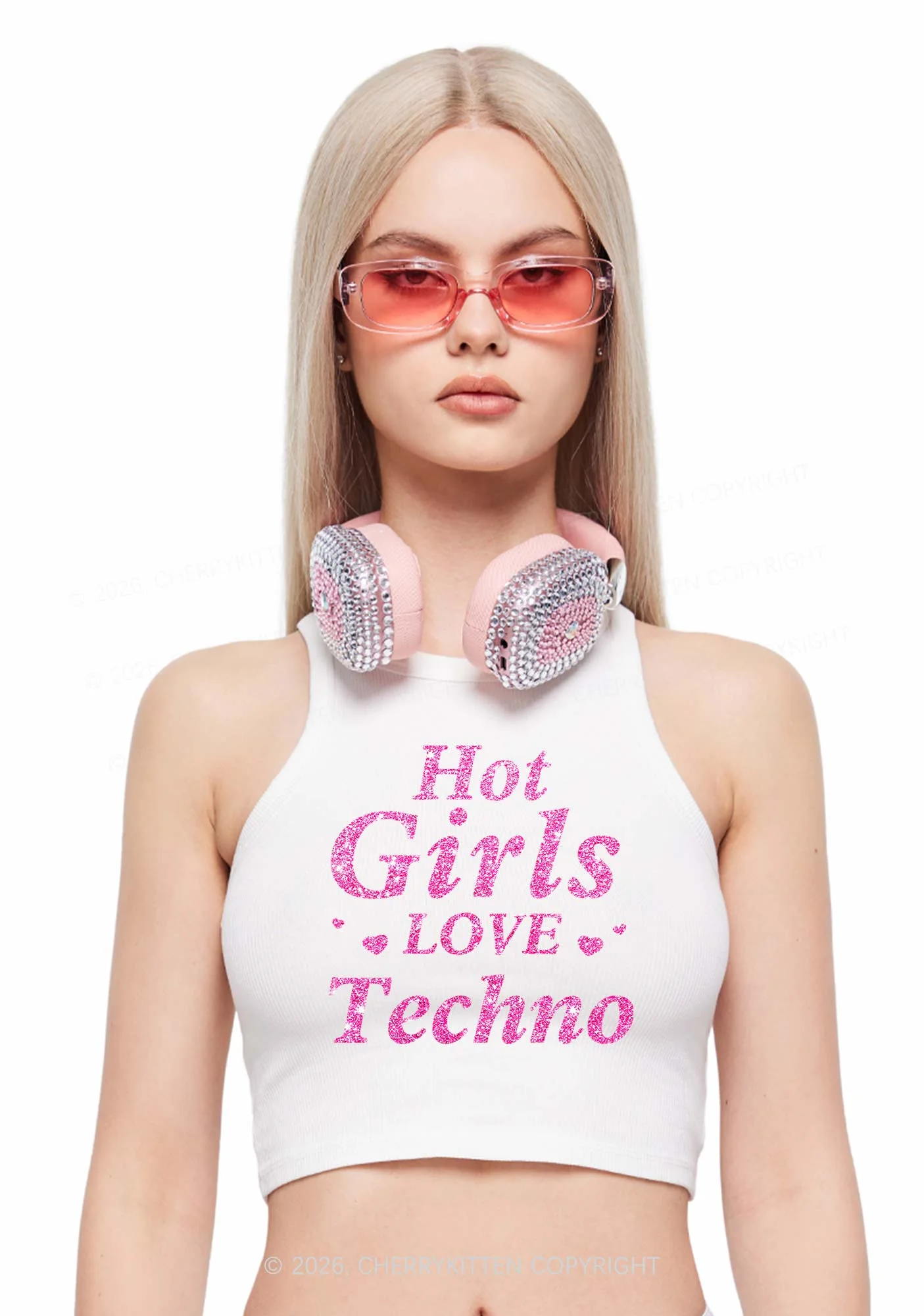 Glitter Hot Girls Love Techno Y2K Crop Tank Top Cherrykitten - Image 3