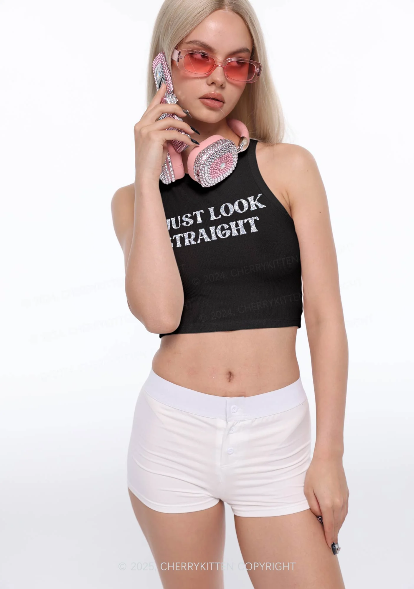 Glitter I Just Look Straight Pride Y2K Crop Tank Top Cherrykitten - Image 3