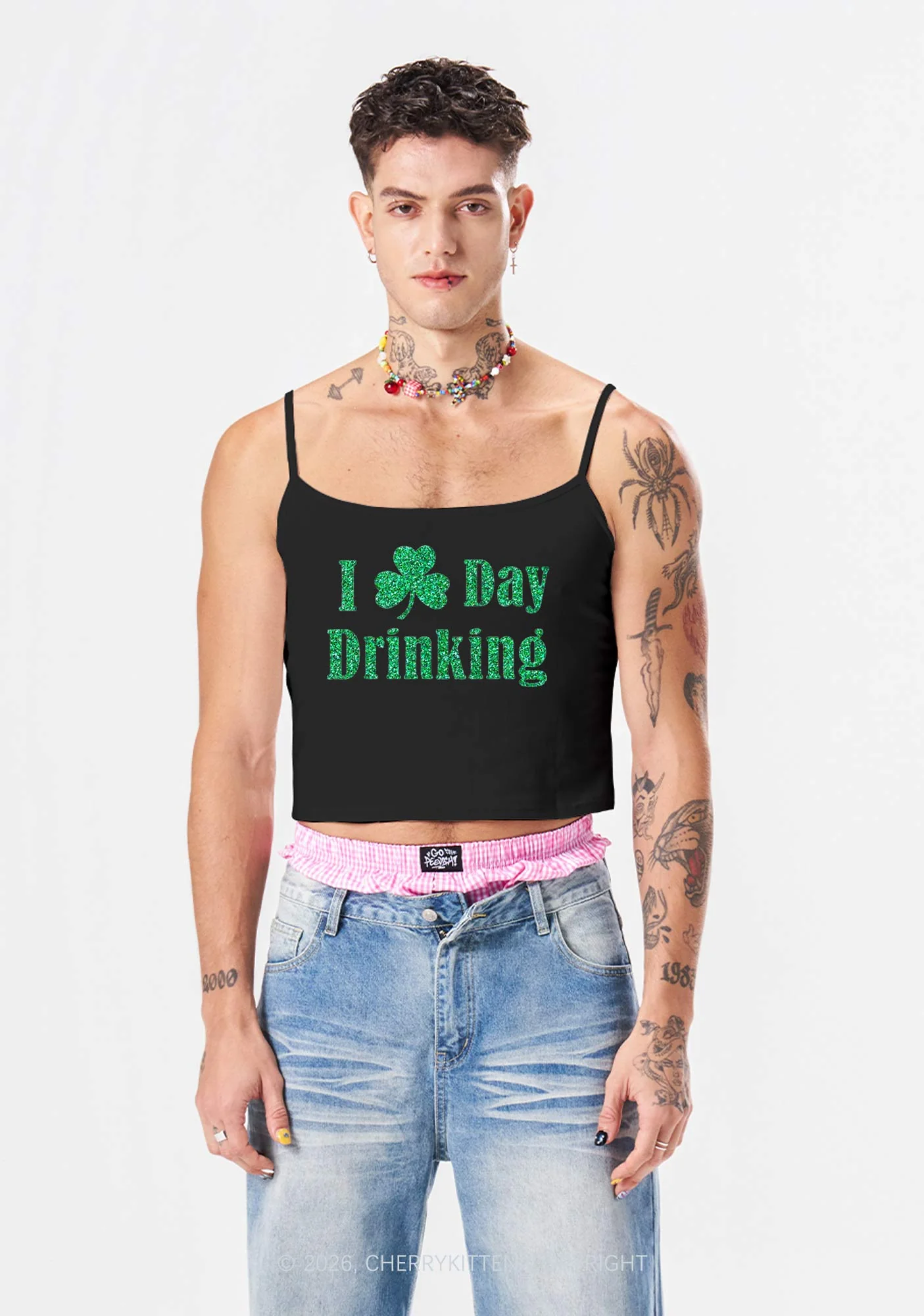 Glitter I Love Day Drinking St Patricks Y2K Spaghetti Strap Cami Cherrykitten - Image 2