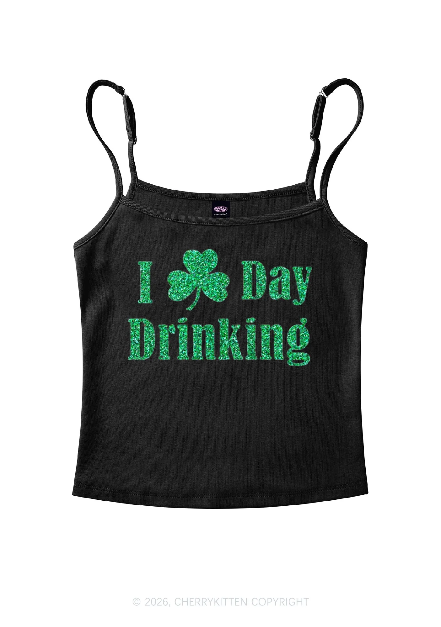 Glitter I Love Day Drinking St Patricks Y2K Spaghetti Strap Cami Cherrykitten - Image 3