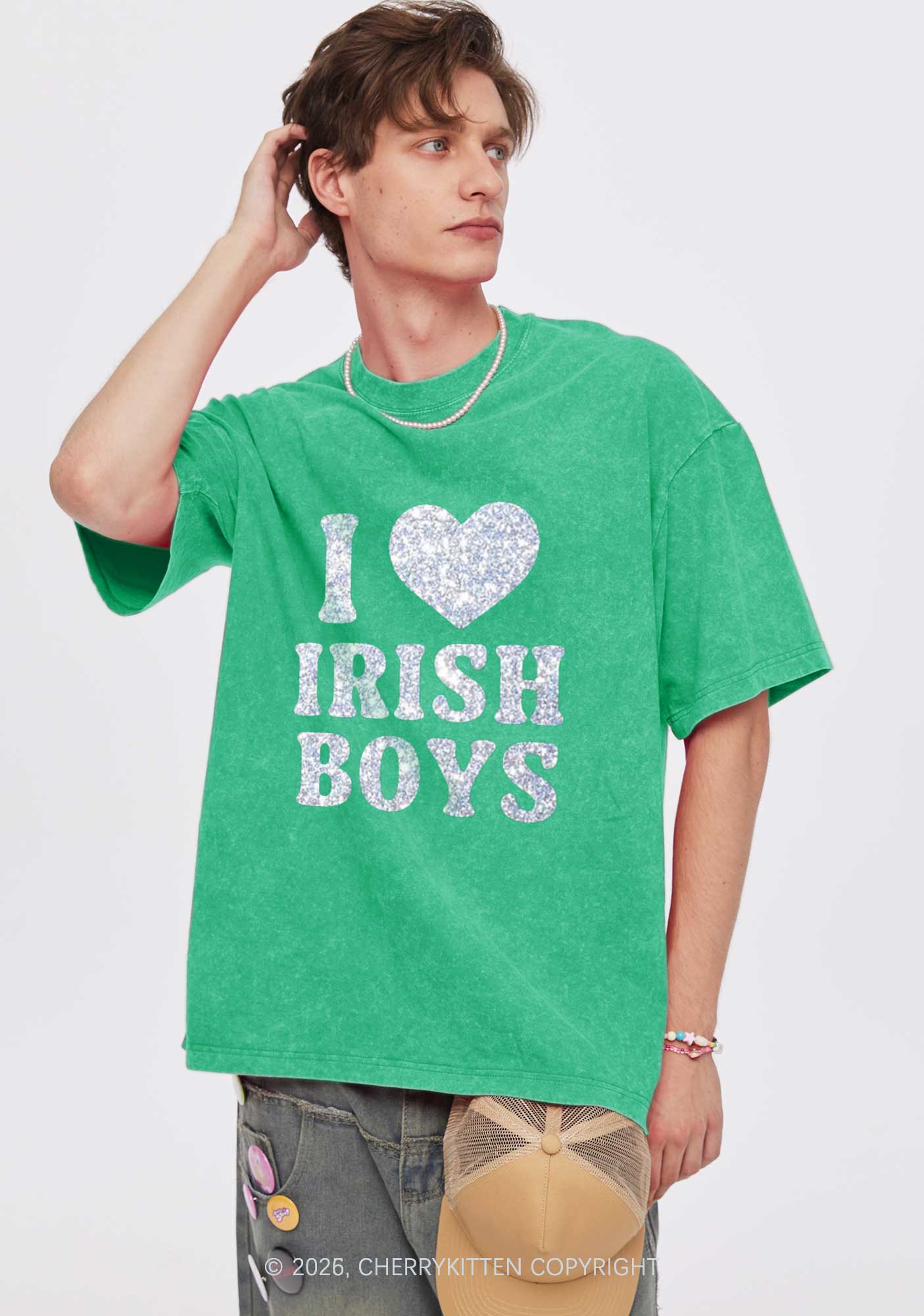 Glitter I Love Irish Boys St Patricks Y2K Shirts Washed Tee Cherrykitten - Image 2
