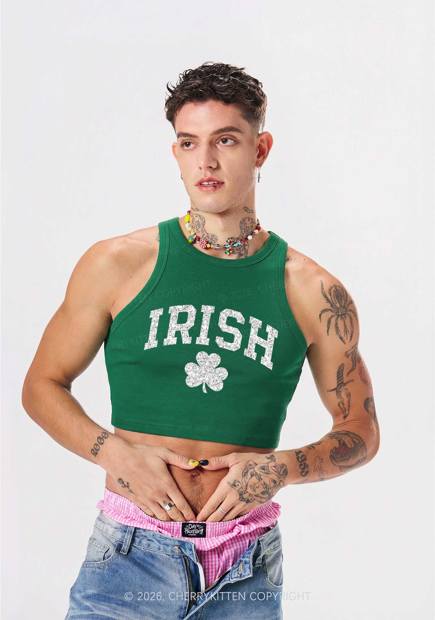 Glitter Irish Shamrock St Patricks Y2K Crop Tank Top Cherrykitten - Image 2