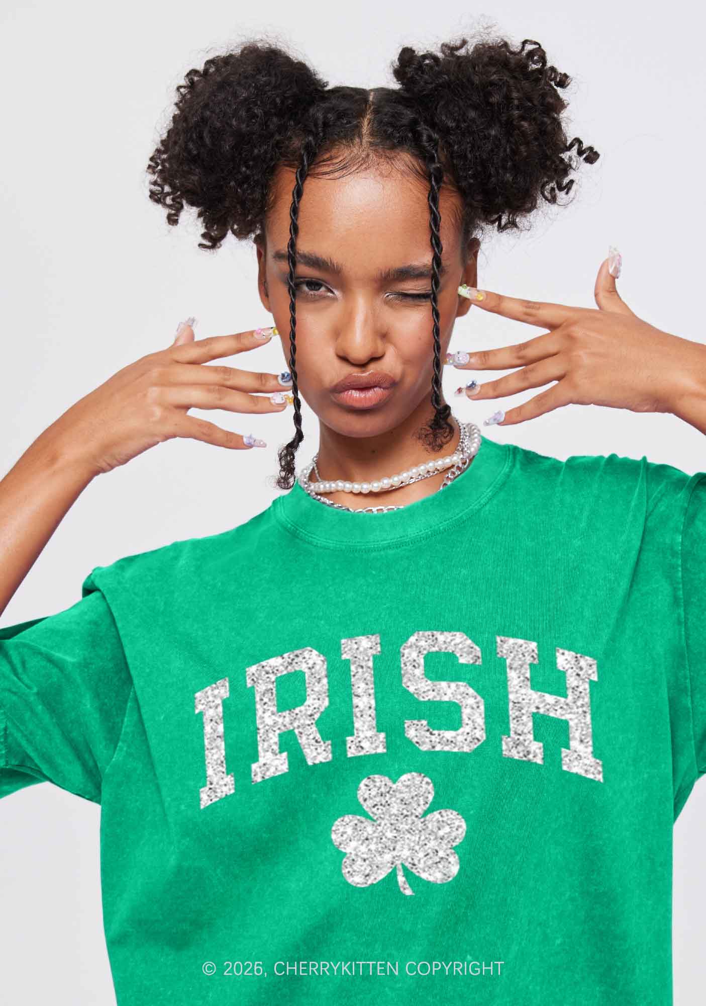 Glitter Irish Shamrock St Patricks Y2K Shirts Washed Tee Cherrykitten - Image 2