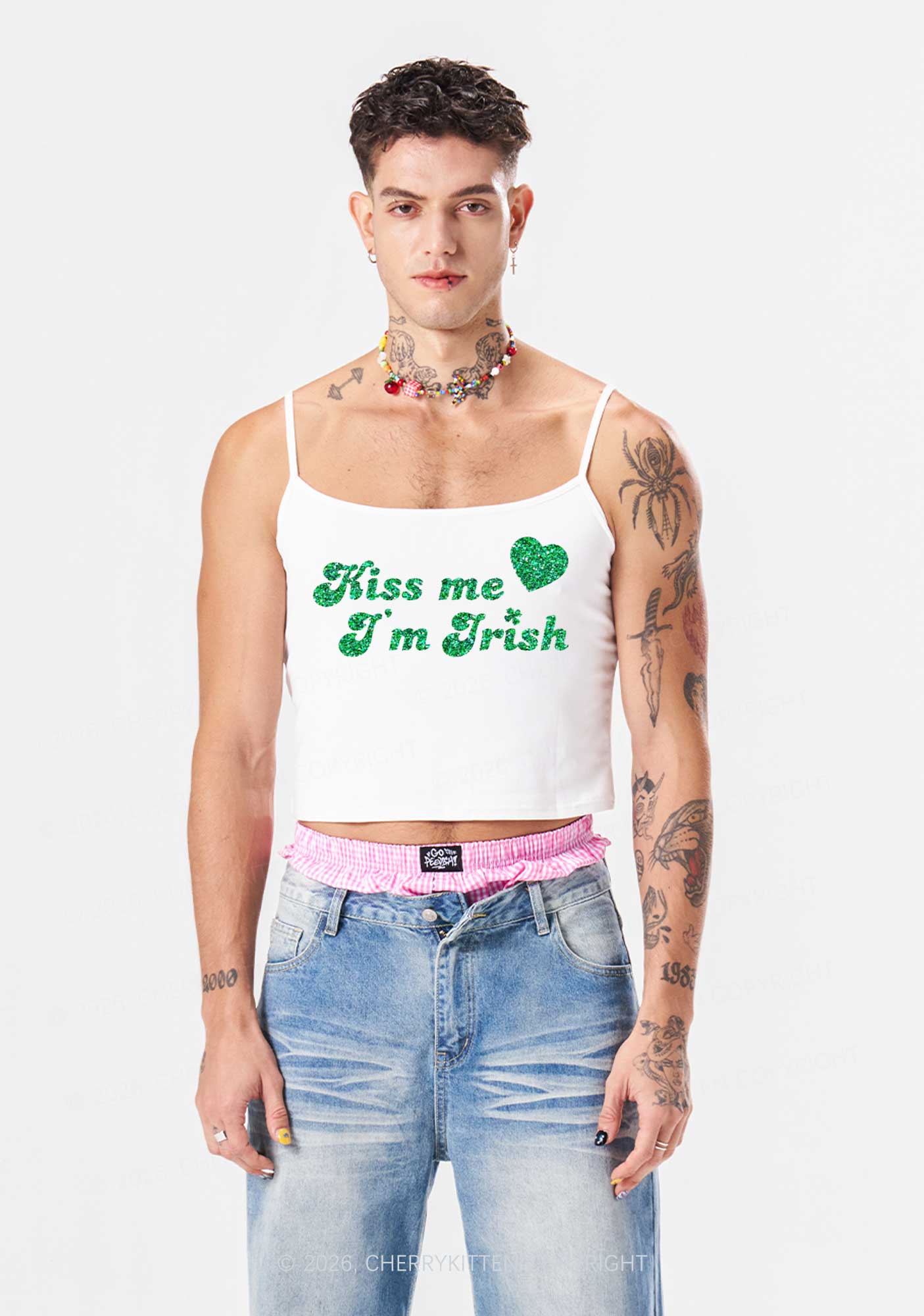 Glitter Kiss Me Im Irish St Patricks Y2K Spaghetti Strap Cami Cherrykitten - Image 2