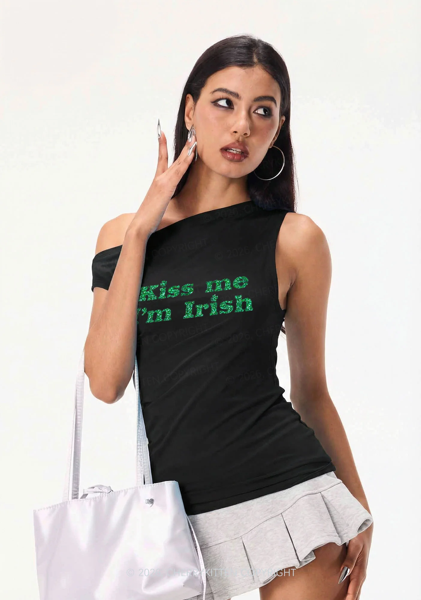 Glitter Kiss Me St Patricks Y2K Off Shoulder Tank Top Cherrykitten - Image 2